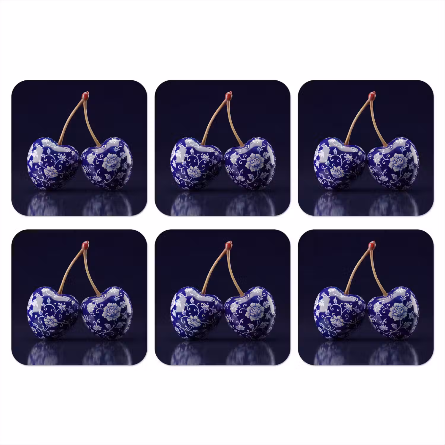 Porselein- Kersen - Delfts - Blauw onderzetter kurk middel -3d