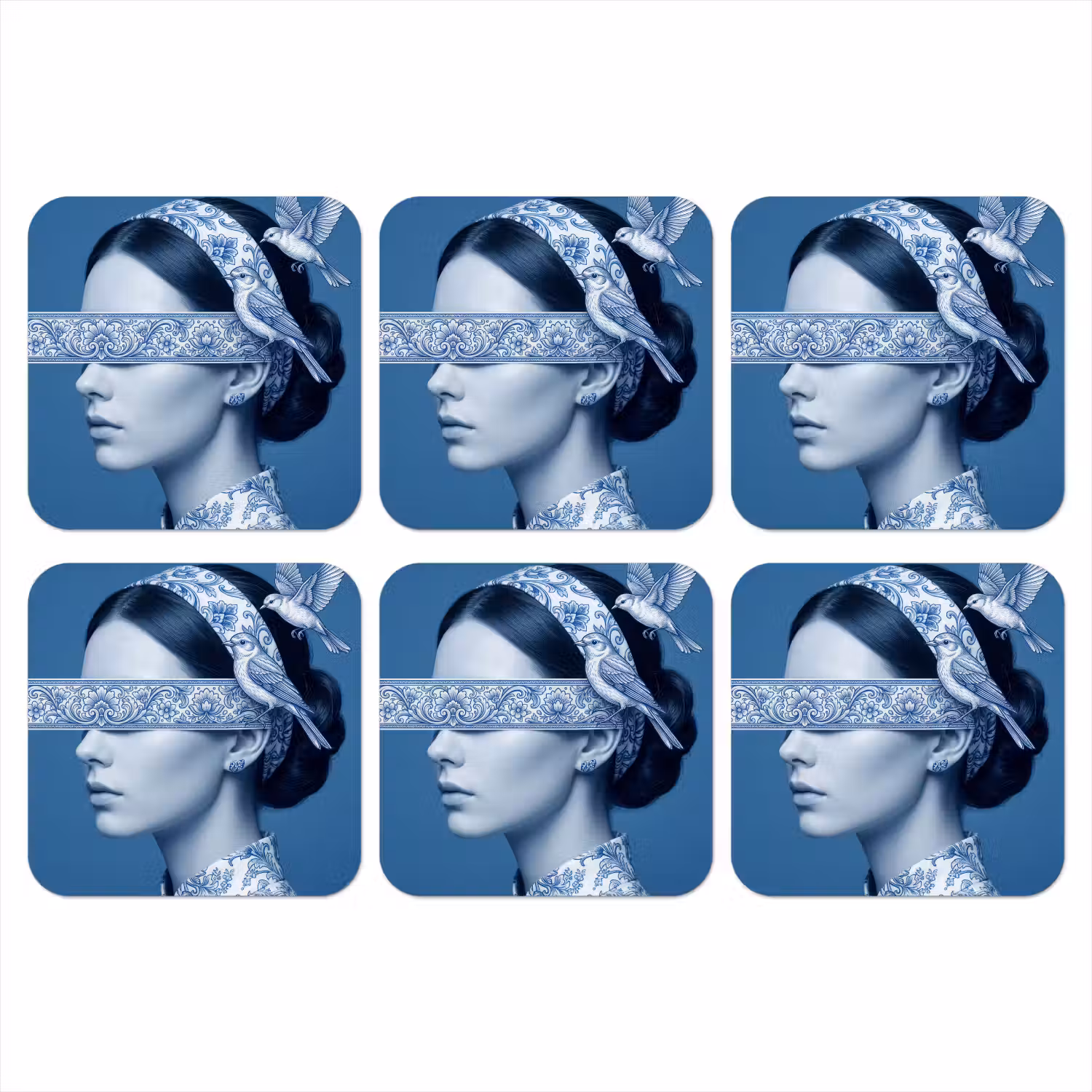 Portret - Klassiek - Wit - Blauw onderzetter kurk middel -3d