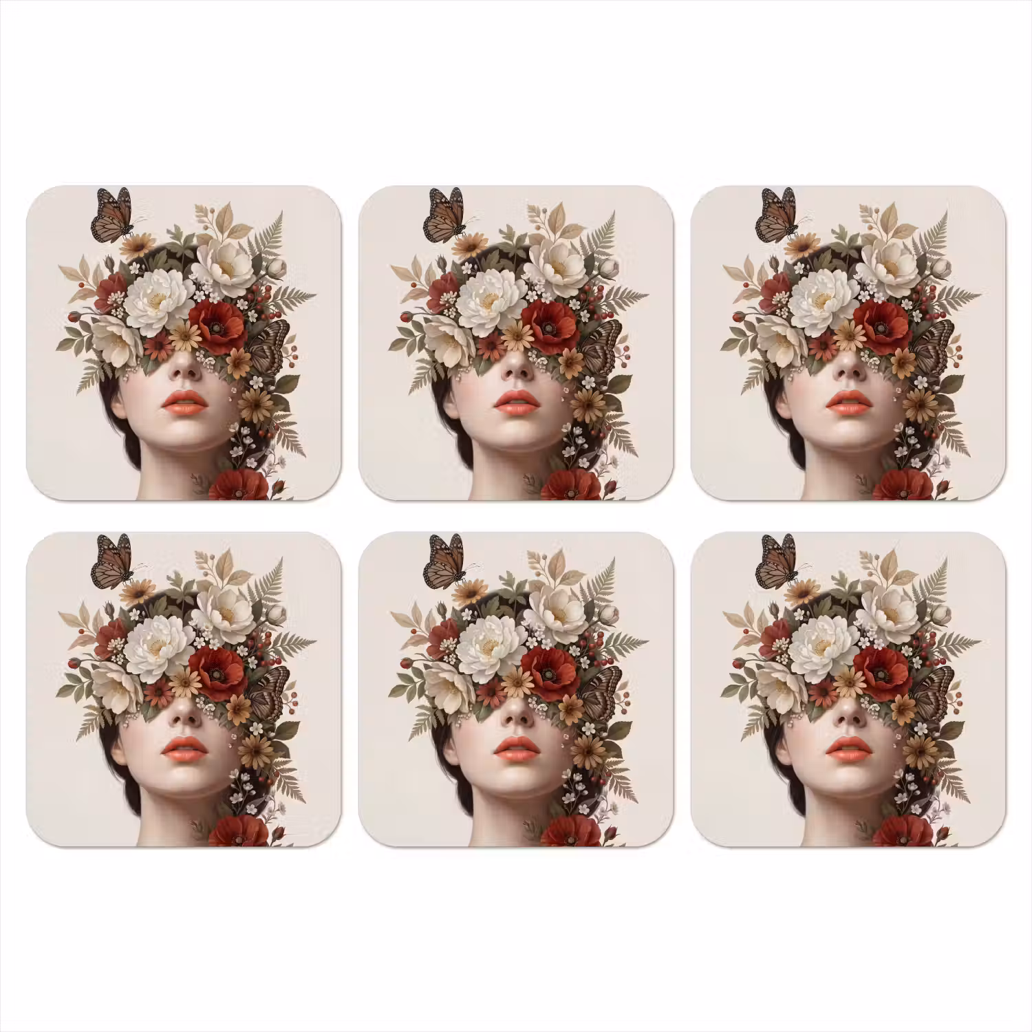 Portret - Bloemen - Cremé onderzetter kurk middel -3d