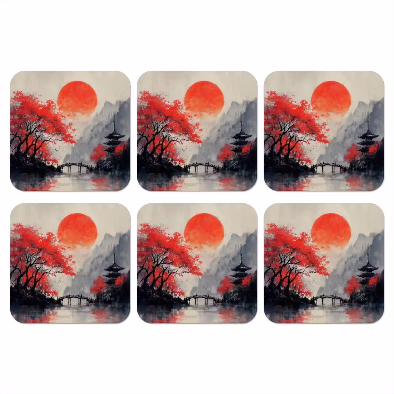 Rode zon - Rivier - brug - Bomen onderzetter kurk middel -3d