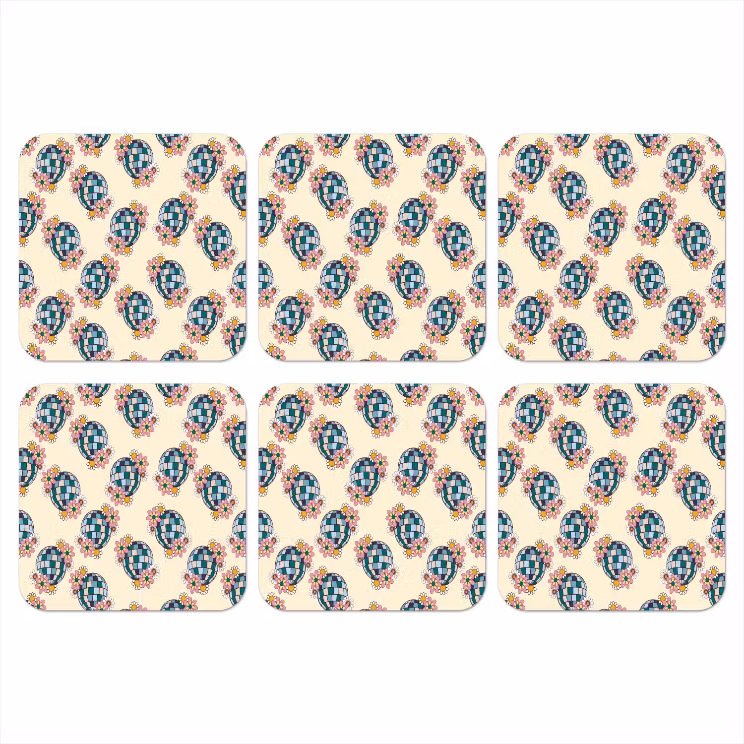 Retro - Disco - Bloemen - Discobal onderzetter kurk middel 366 -3d