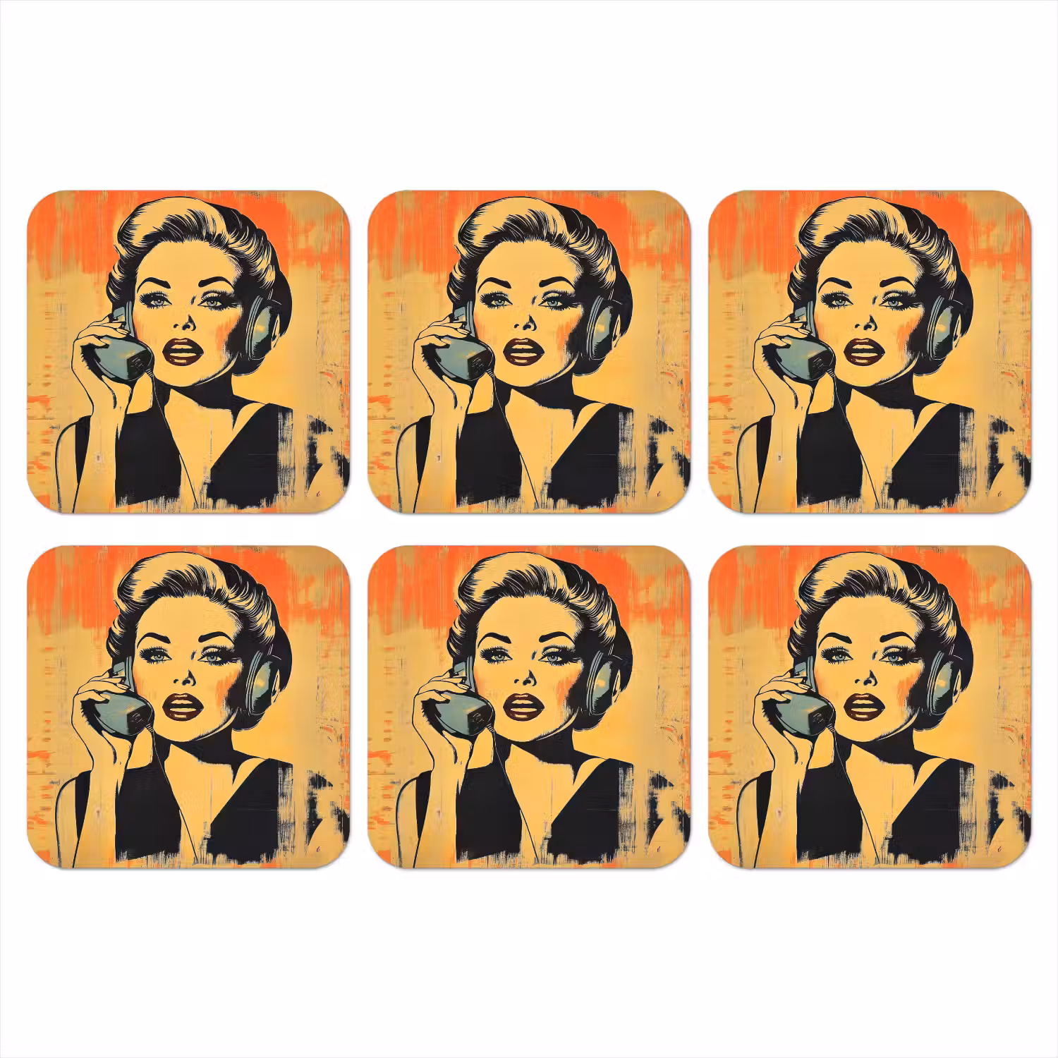 Retro - Vrouw - Koptelefoon - Oranje onderzetter kurk middel -3d