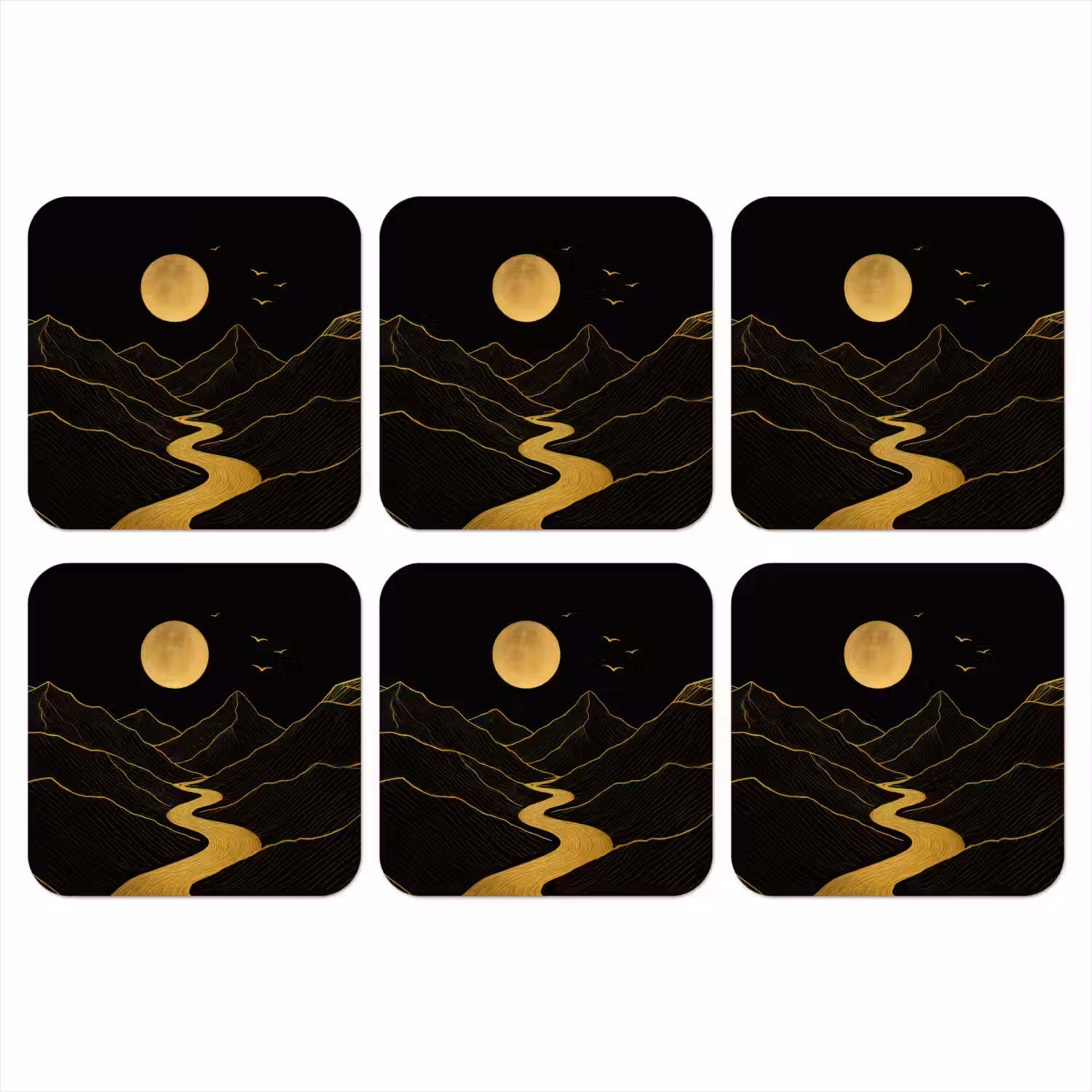 Rivier - Goud - Maan - Vogels onderzetter kurk middel -3d
