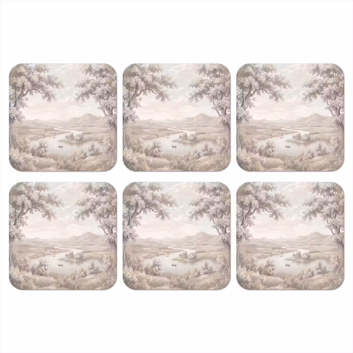 Rivierlandschap - Bergen - Natuur - Vintage - Beige onderzetter kurk middel -3d