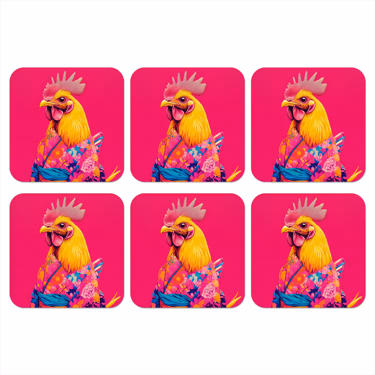 Haan - Kleurrijk - Kimono - Roze onderzetter kurk middel -3d