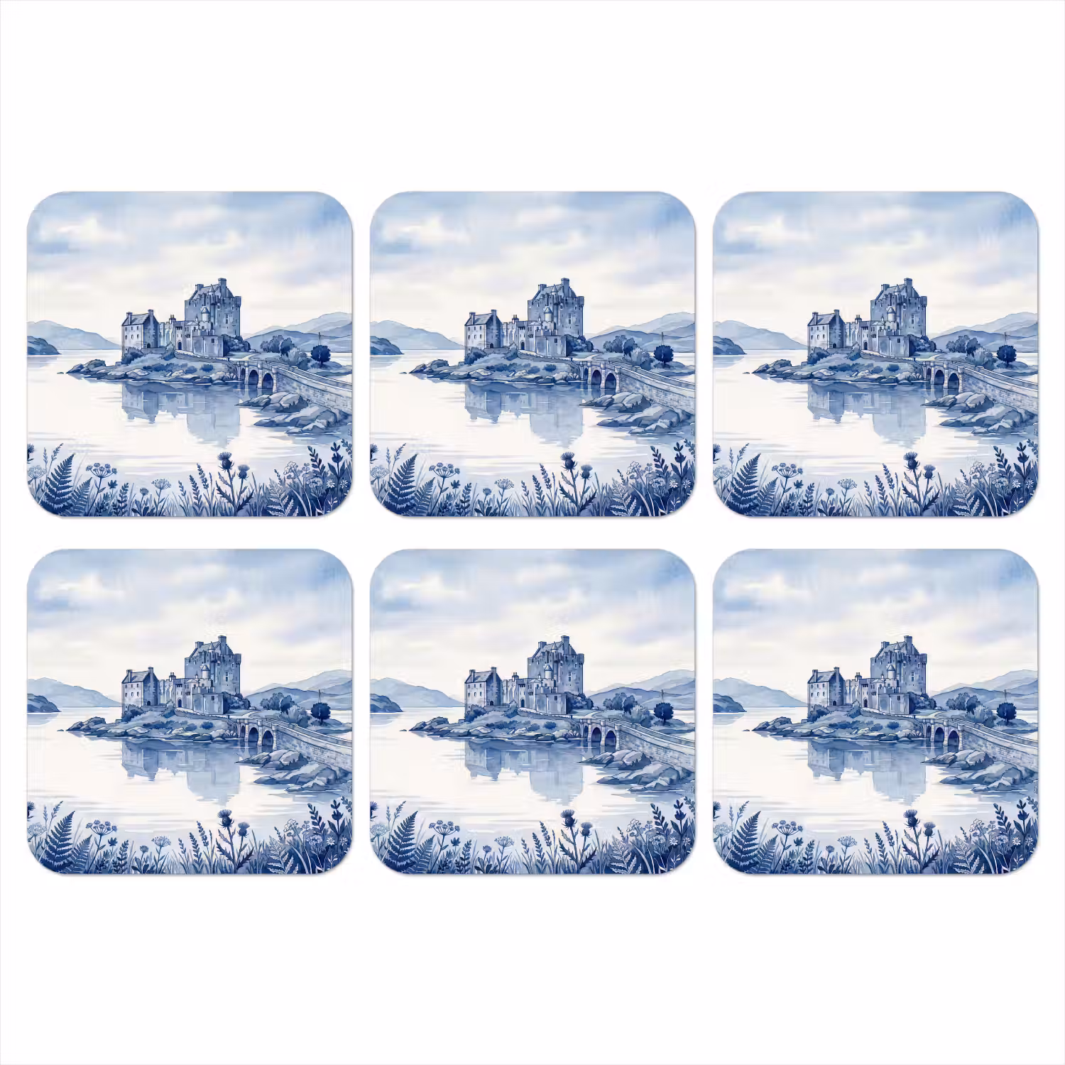 Schots - Kasteel - Blauw - Aquarel onderzetter kurk middel -3d