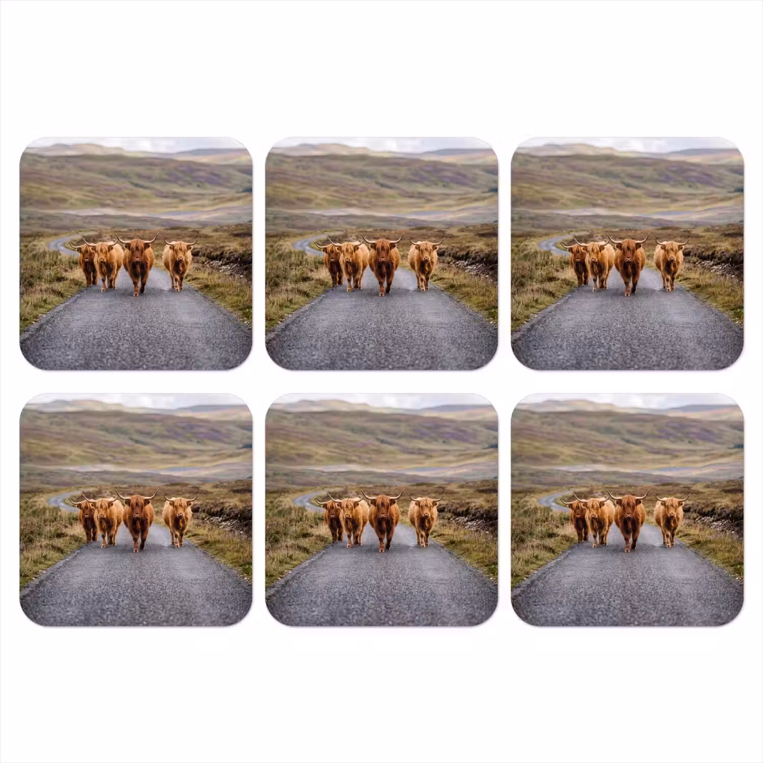 Schotse Hooglanders - Weg - Landschap - Kudde onderzetter kurk middel -3d