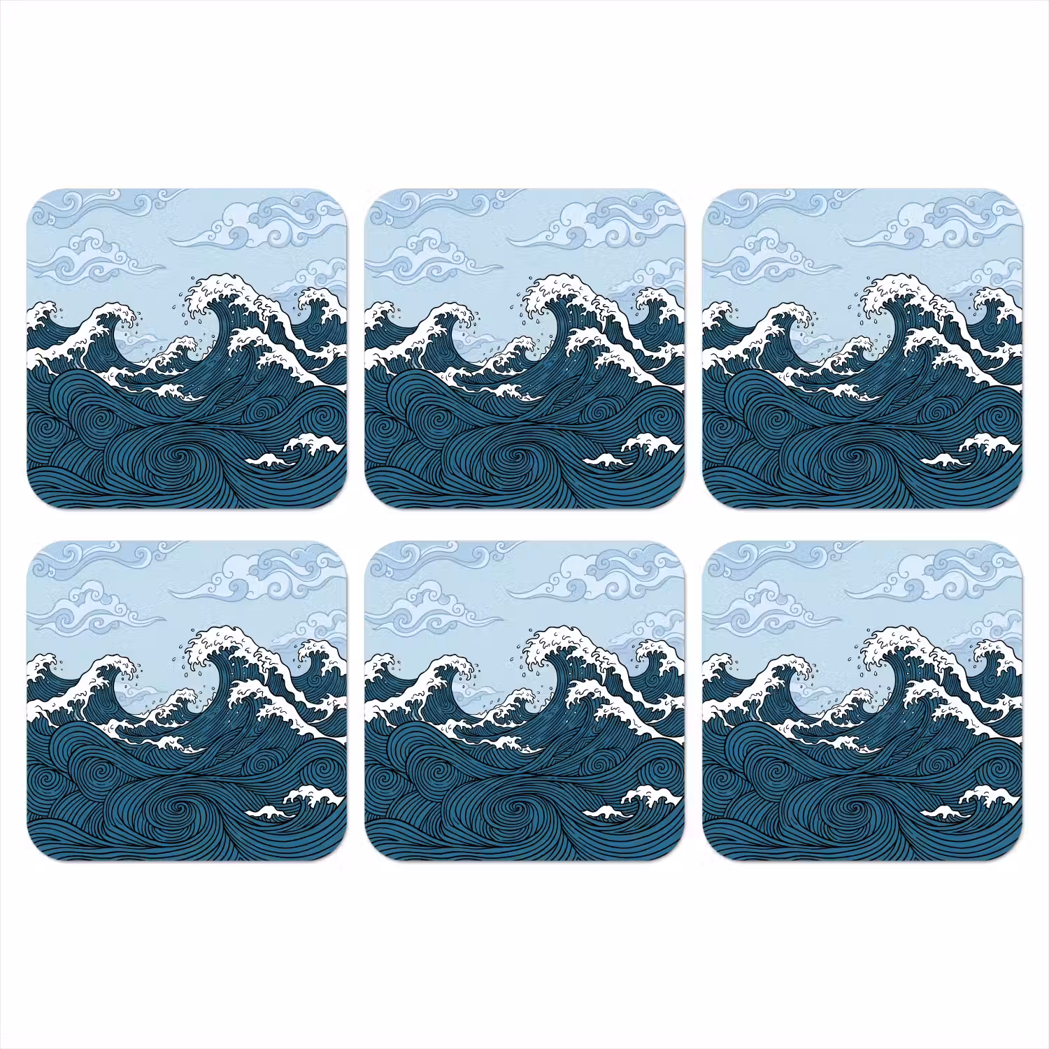 Zee - Golven - Japans - Natuur - Blauw onderzetter kurk middel -3d
