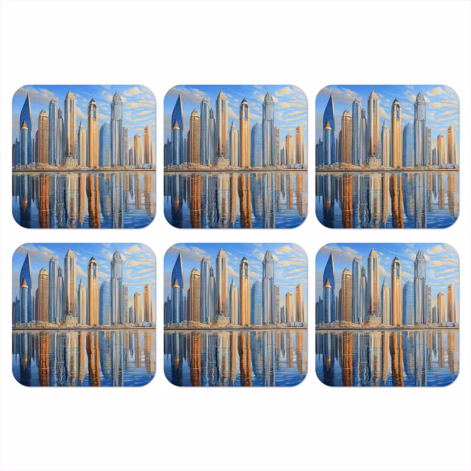 Skyline - Wolkenkrabbers - Water - Blauw onderzetter kurk middel -3d