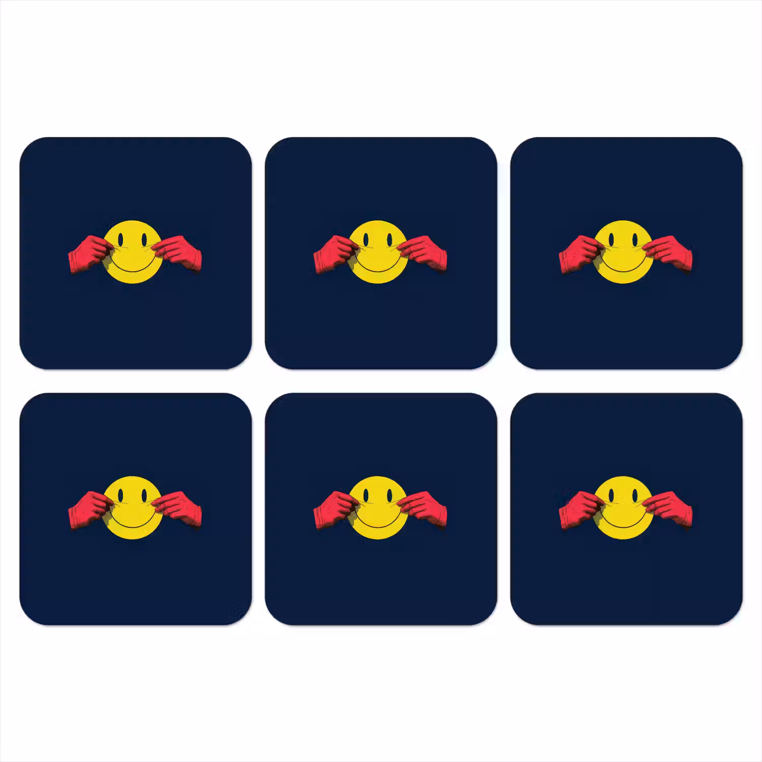 Smiley - Geel - Handen - Minimalistisch onderzetter kurk middel -3d