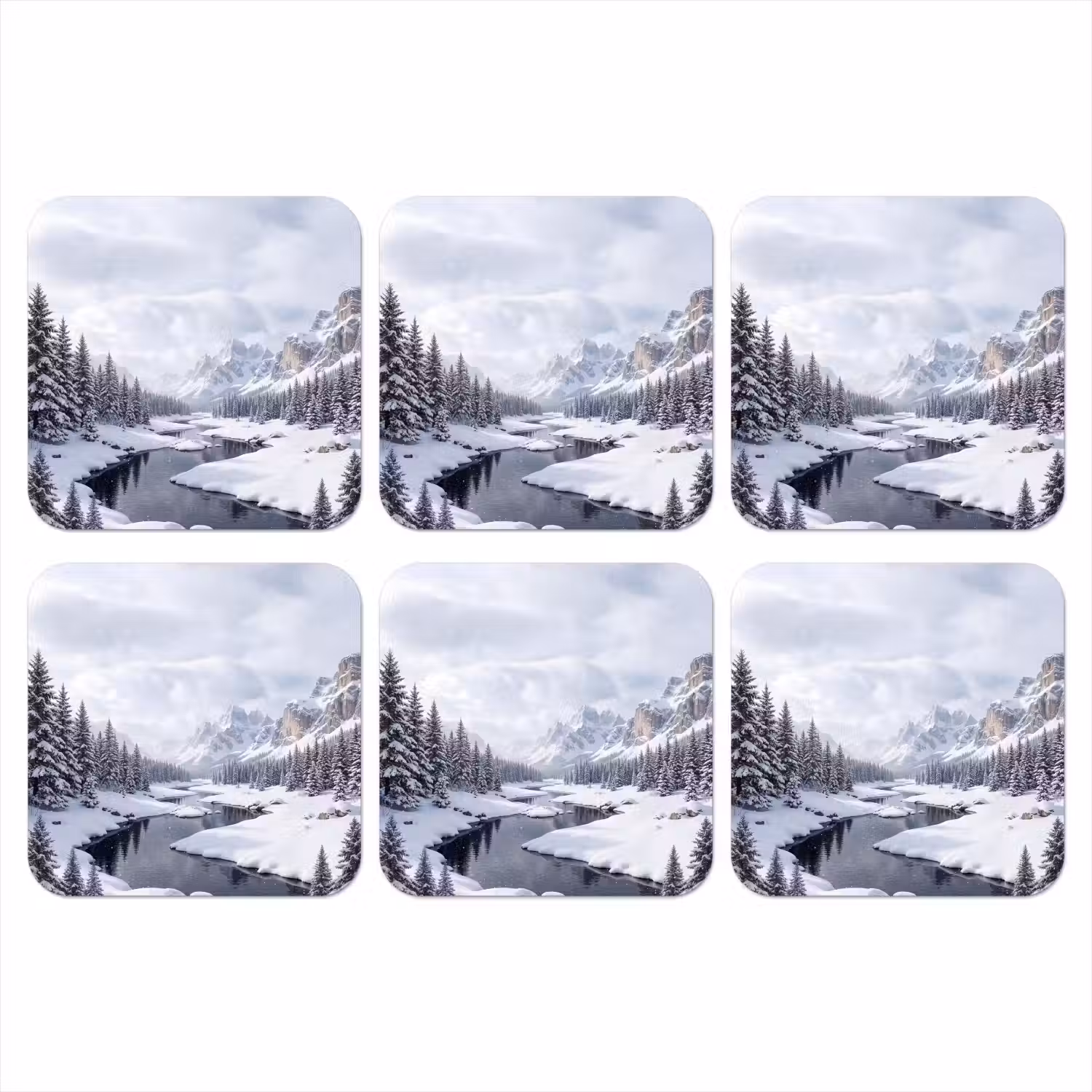Sneeuwlandschap - Bergen - Rivier - Winter onderzetter kurk middel -3d