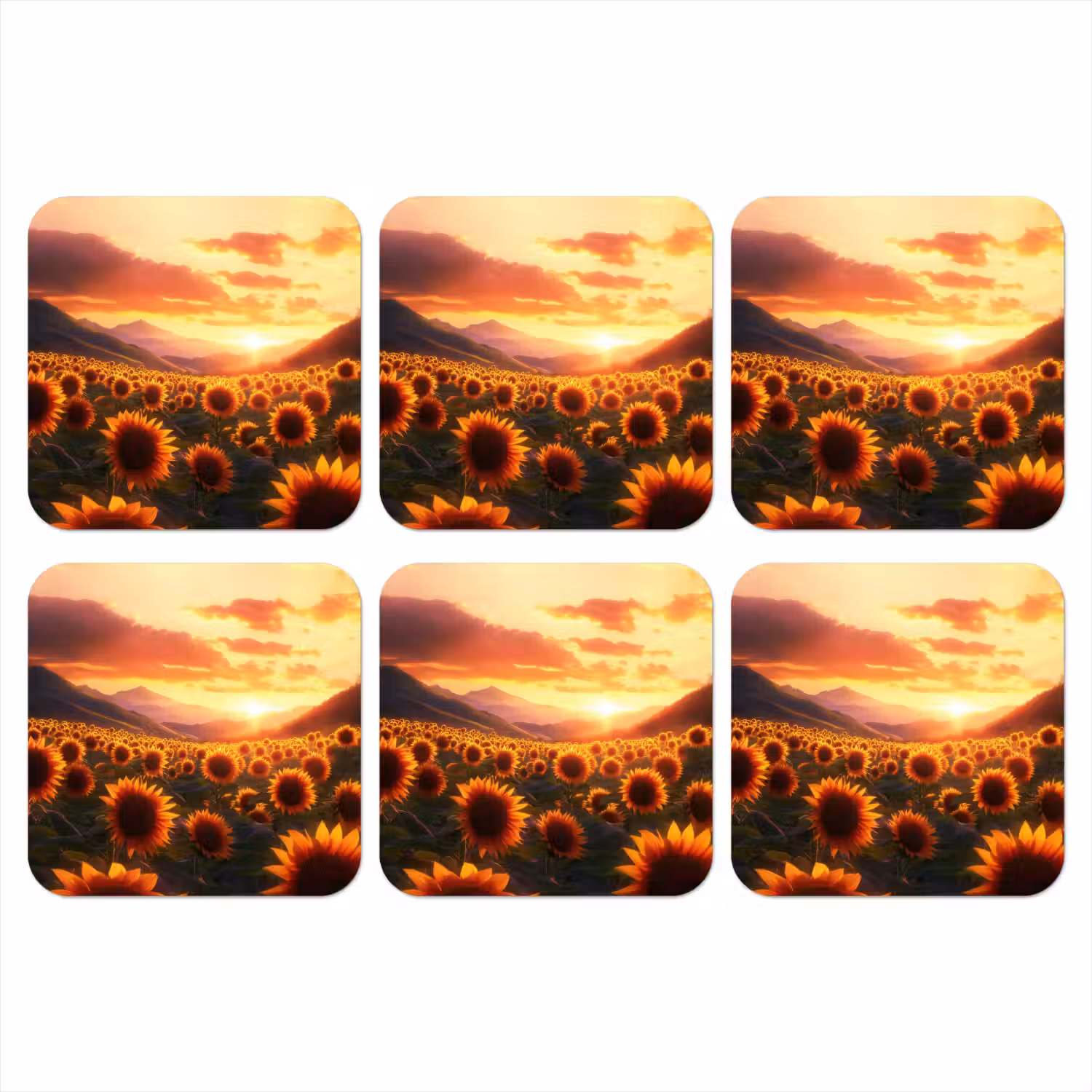 Zonnebloemen - Zonsondergang - Landschap onderzetter kurk middel -3d