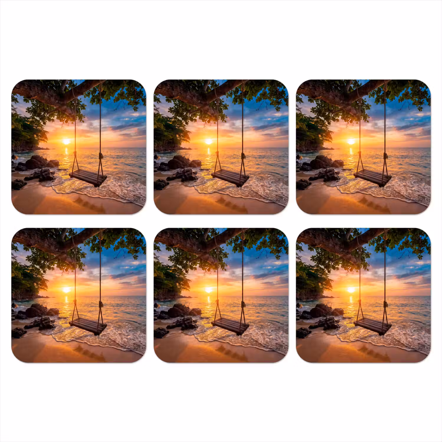 Schommel - Strand - Zonsondergang - Natuur - Oranje onderzetter kurk middel -3d