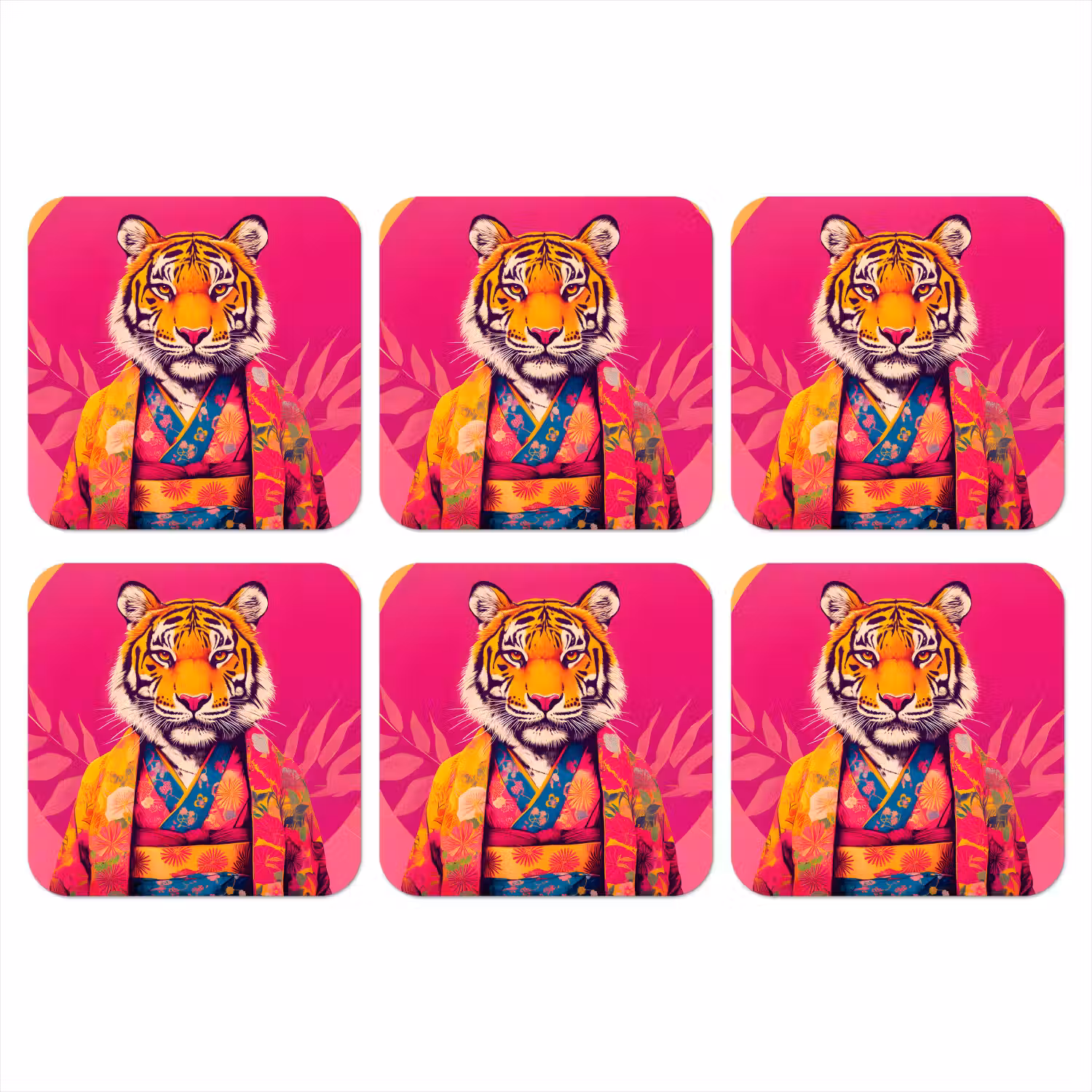 Tijger - Kimono - Planten - Roze onderzetter kurk middel -3d