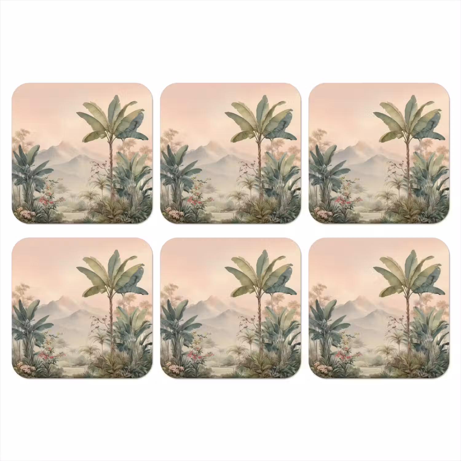 Tropisch landschap - palmbomen - Bloemen - Roze lucht onderzetter kurk middel -3d