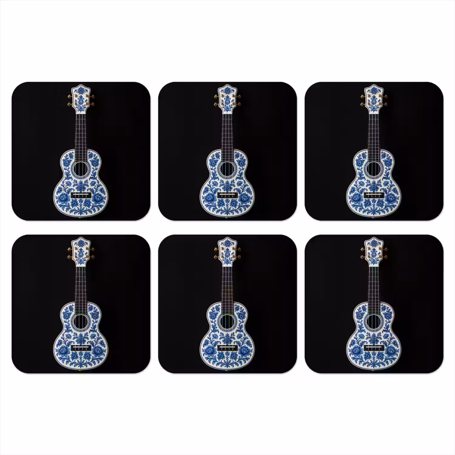 Ukelele - Delfts - Blauw - Muziek onderzetter kurk middel -3d