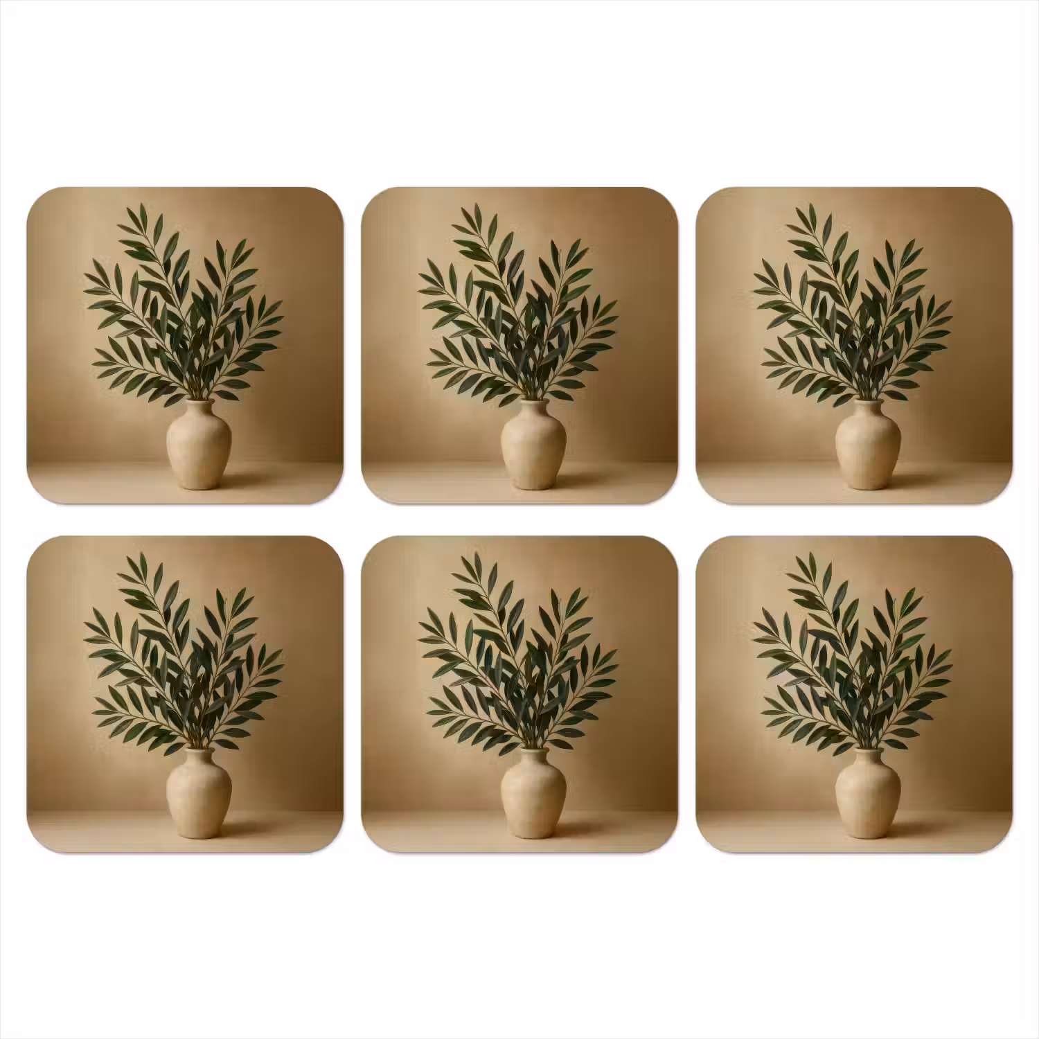 Vaas - Olijftakken - Bladeren - Beige onderzetter kurk middel -3d