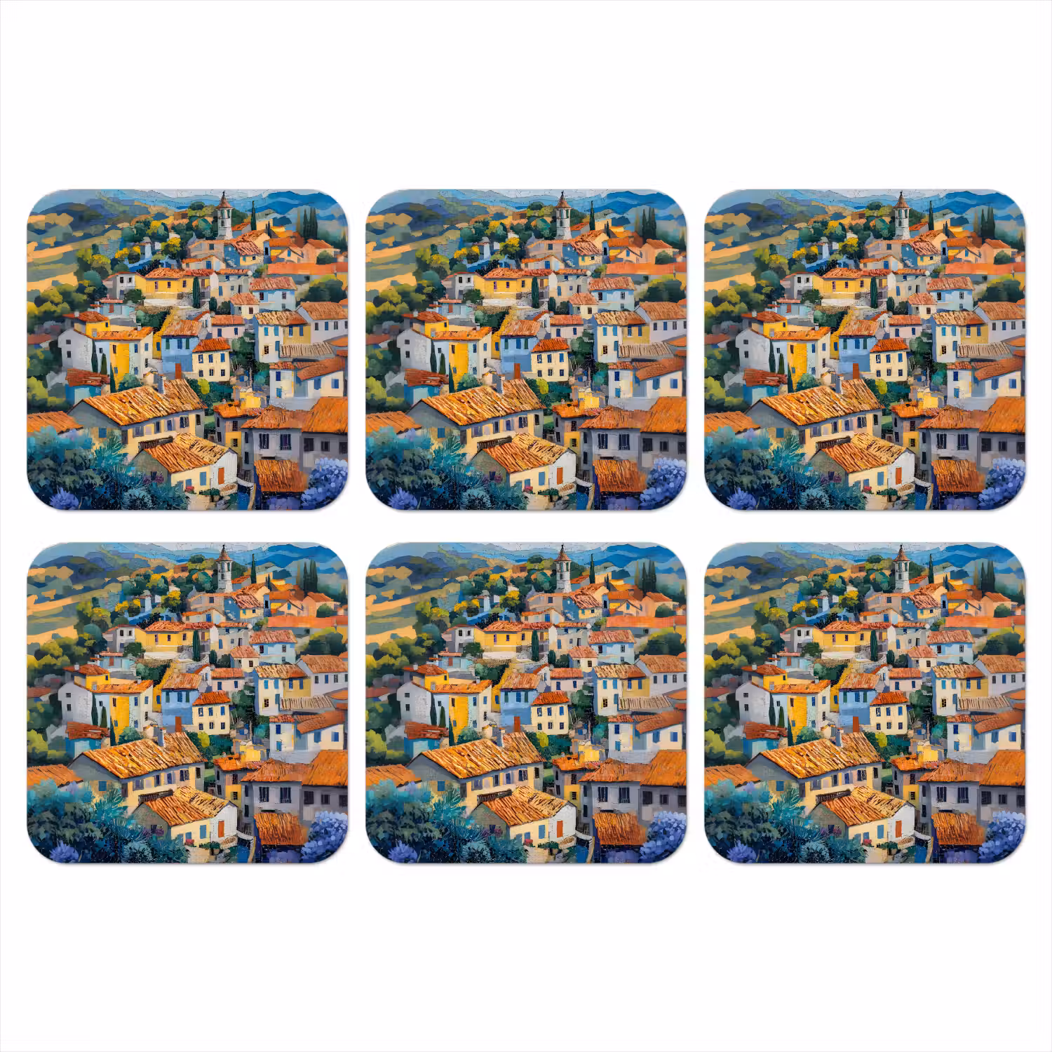 Dorp - Heuvels - Landschap - Bomen onderzetter kurk middel -3d