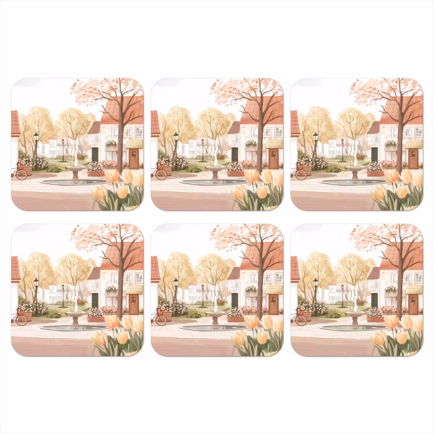 Dorpsplein - Fontein - Tulpen onderzetter kurk middel -3d