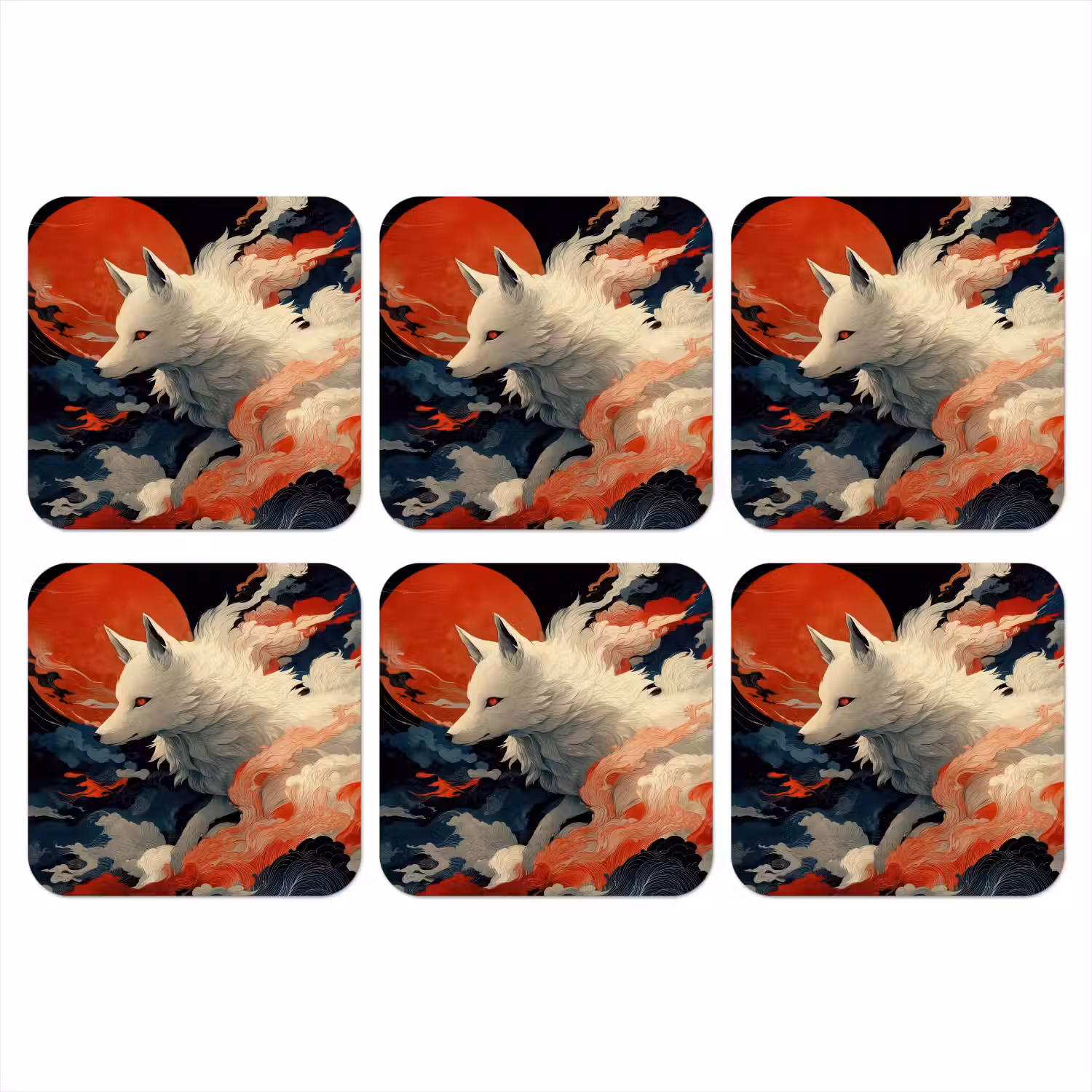 Witte vos - wolken - maan onderzetter kurk middel -3d