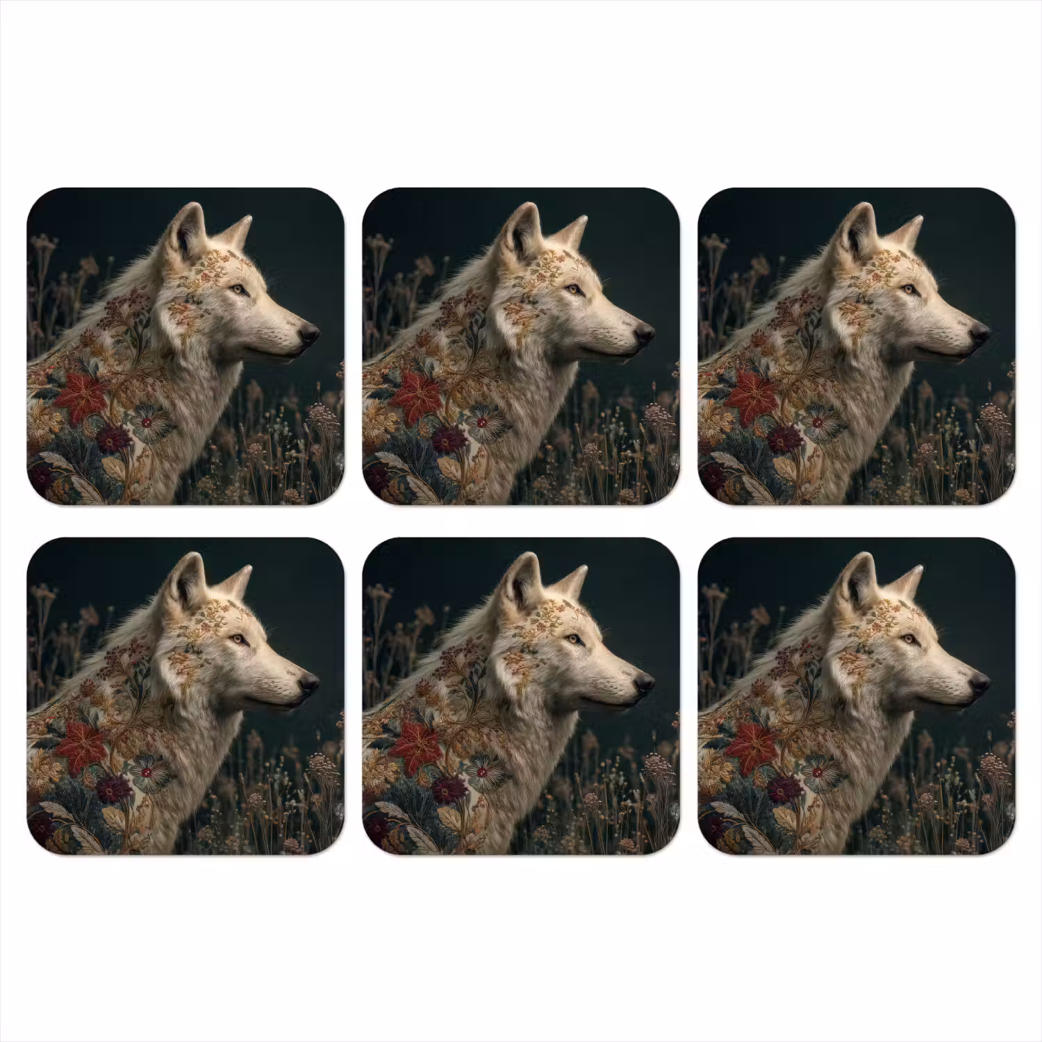 Wolf - Bloemen - Natuur onderzetter kurk middel -3d