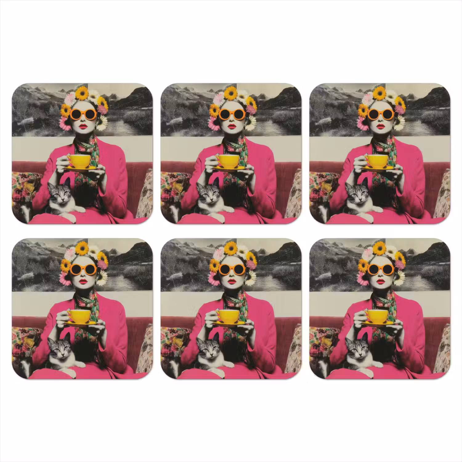 Vrouw - Kat - Bloemen - Kopje - Retro onderzetter kurk middel -3d