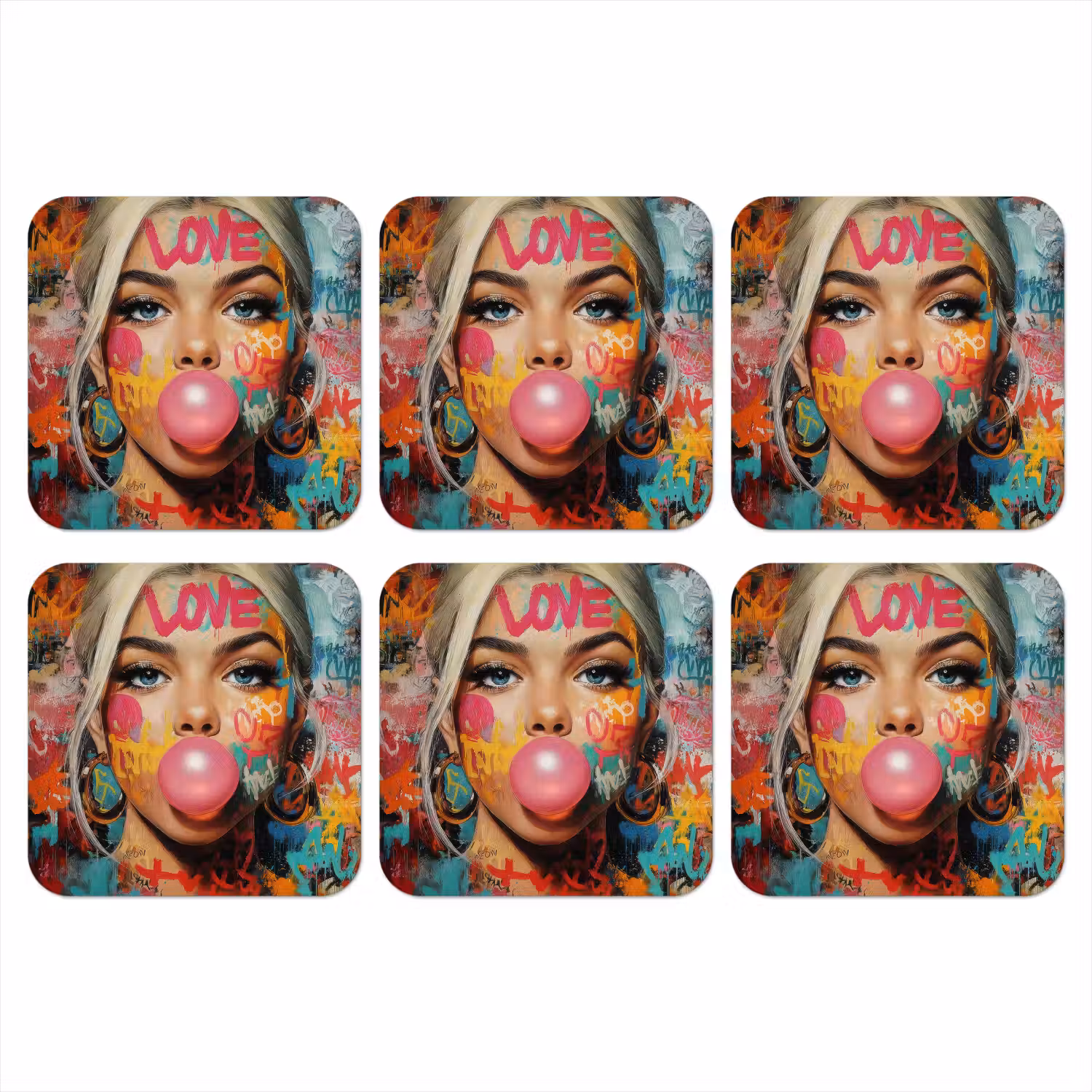 Vrouw - Kauwgom - Graffiti - Love onderzetter kurk middel -3d