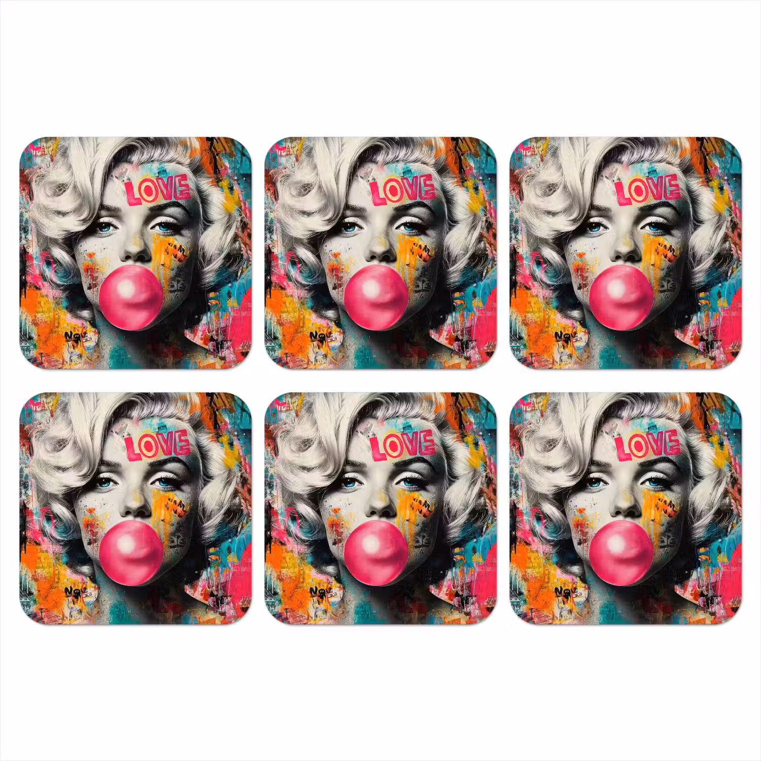 Vrouw - Kauwgom - Graffiti - Neonkleuren onderzetter kurk middel -3d