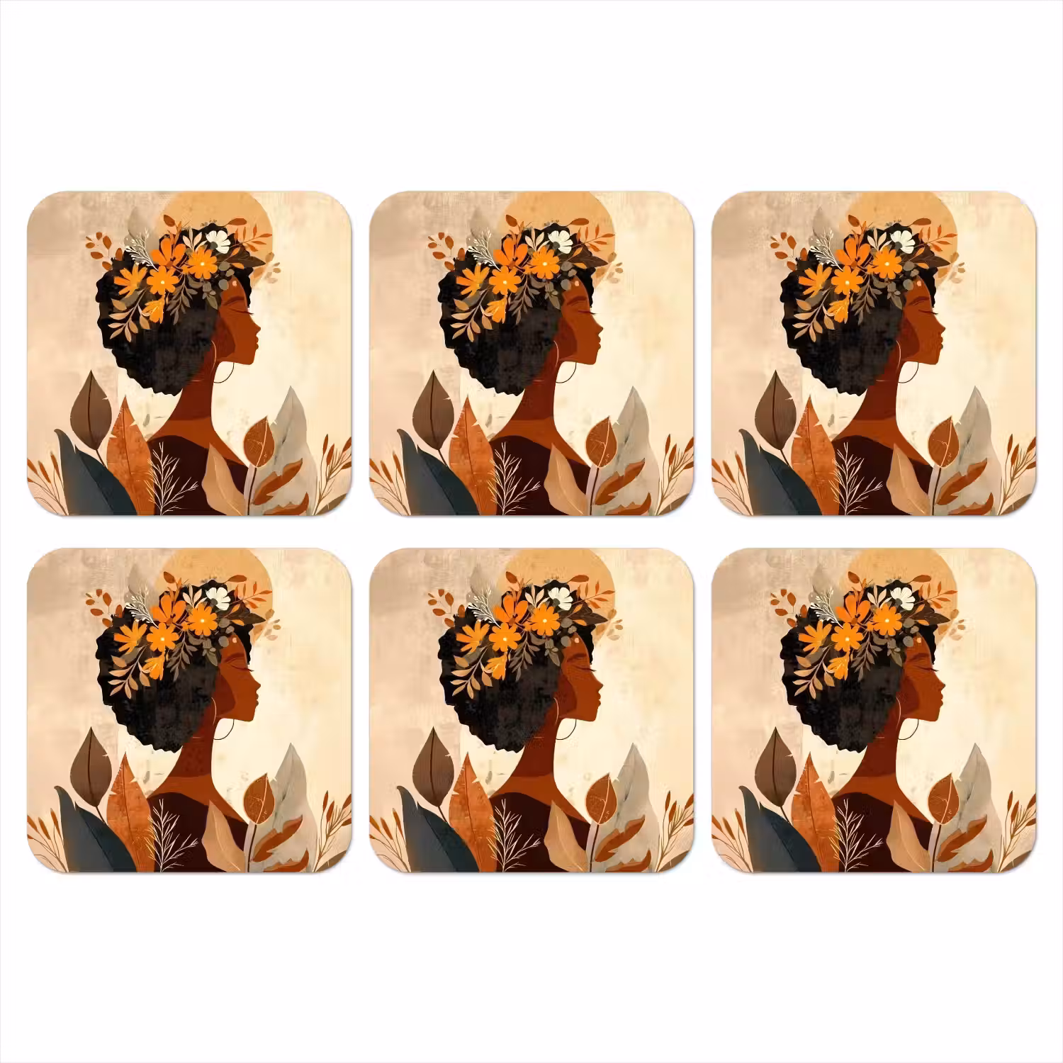 Vrouw - Krullen - Bloemen - Beige onderzetter kurk middel -3d