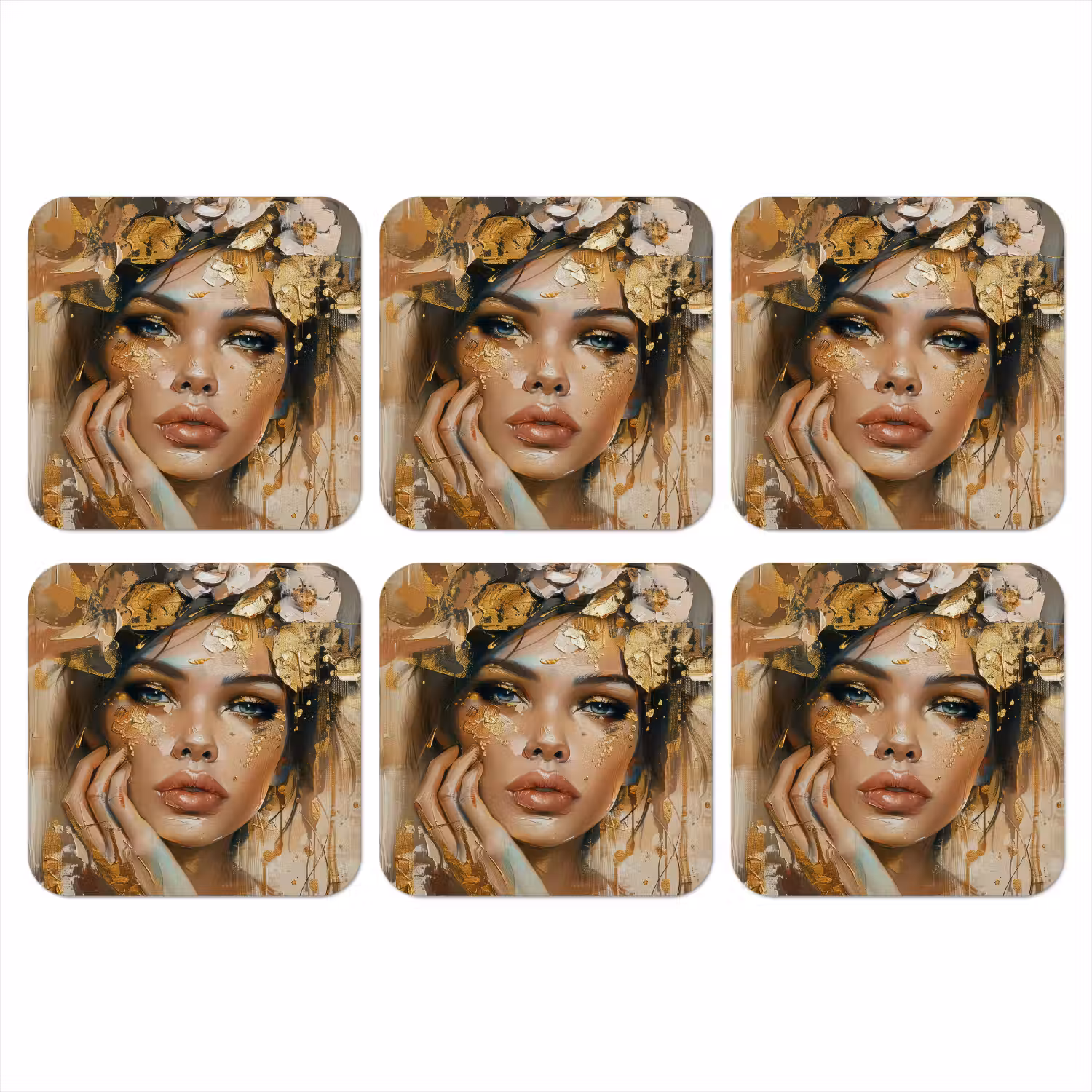 Vrouw - Bloemen - Goud - Portret onderzetter kurk middel -3d
