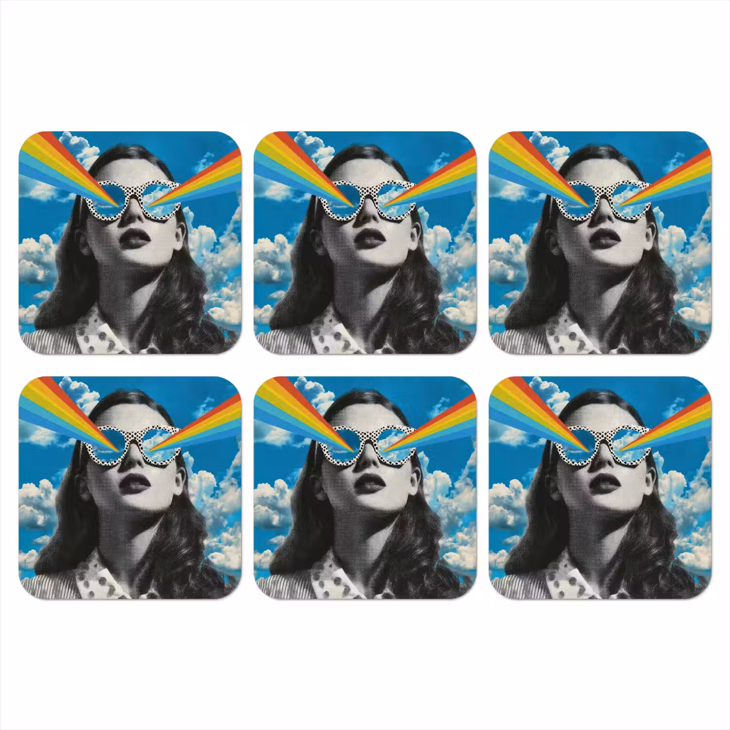 Vrouw - Bril - Regenboog - Wolken onderzetter kurk middel -3d
