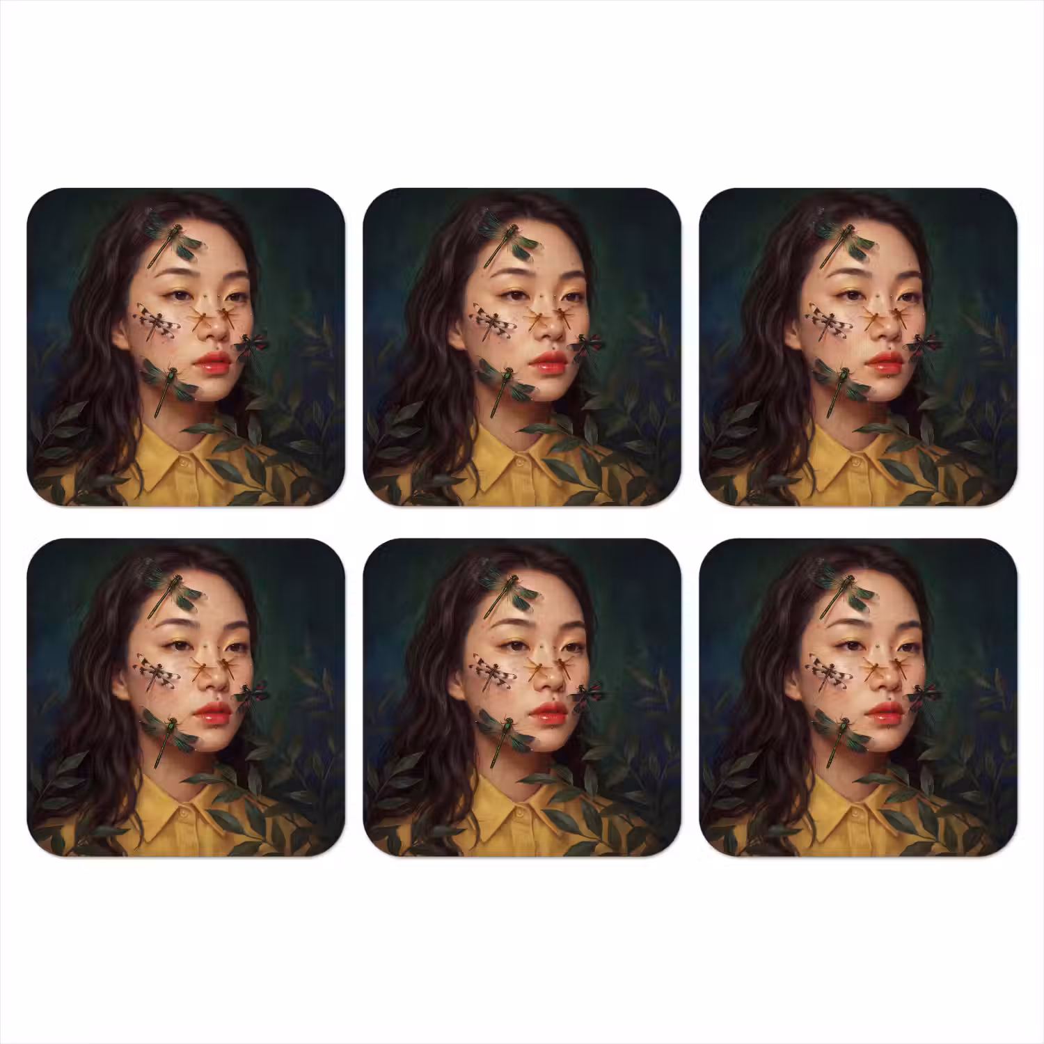 Vrouw - Insecten - Natuur - Portret - Groen onderzetter kurk middel -3d