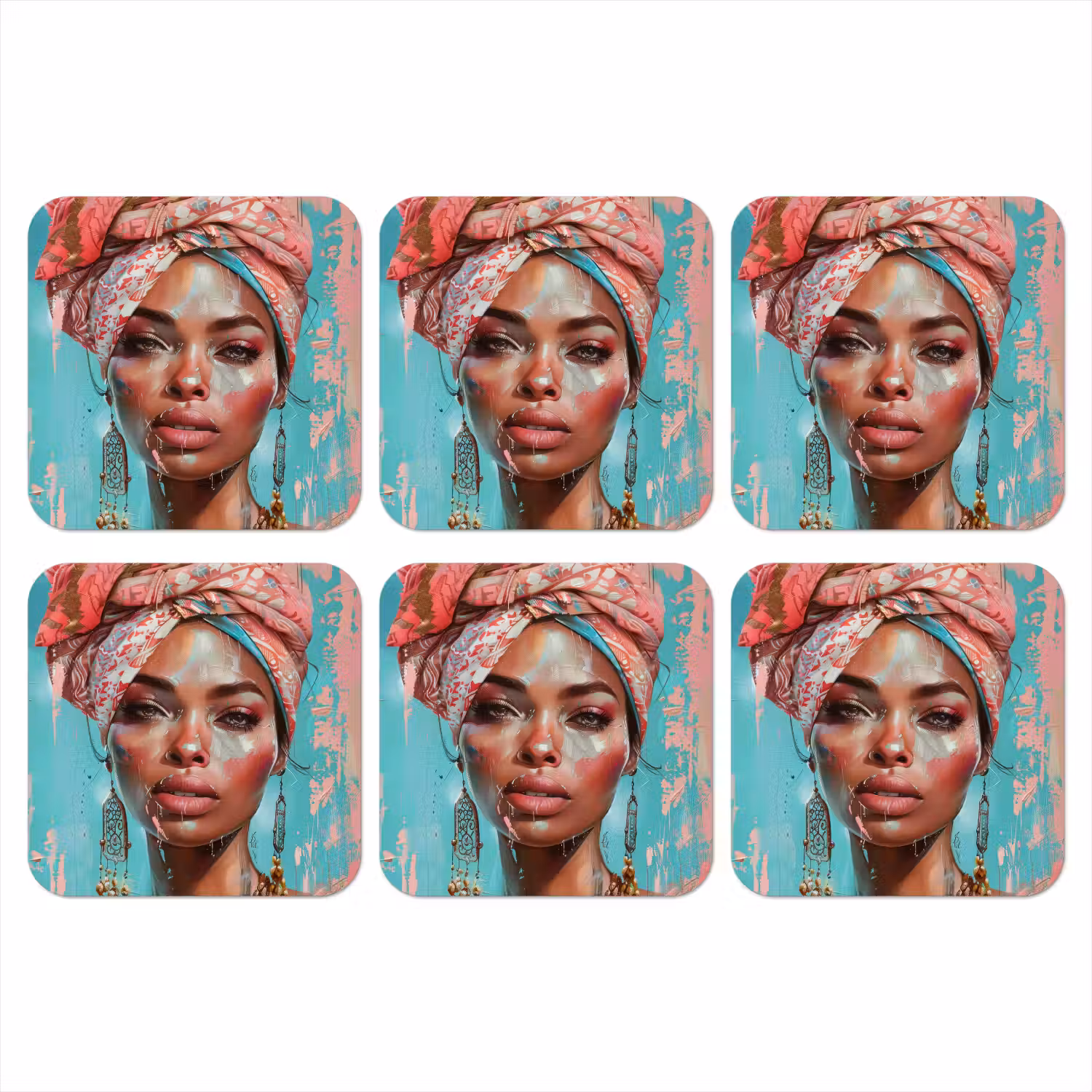Vrouw - Portret - Blauw - Roze - Modern onderzetter kurk middel -3d