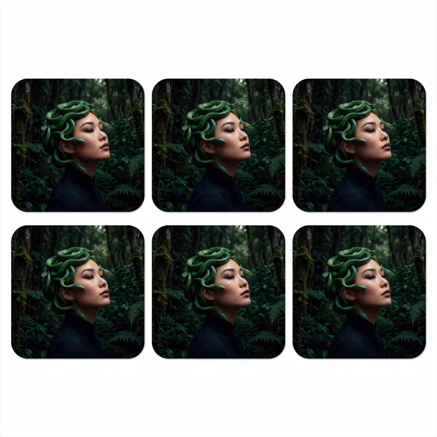 Vrouw - Slang - Natuur - Mystiek - Groen onderzetter kurk middel -3d