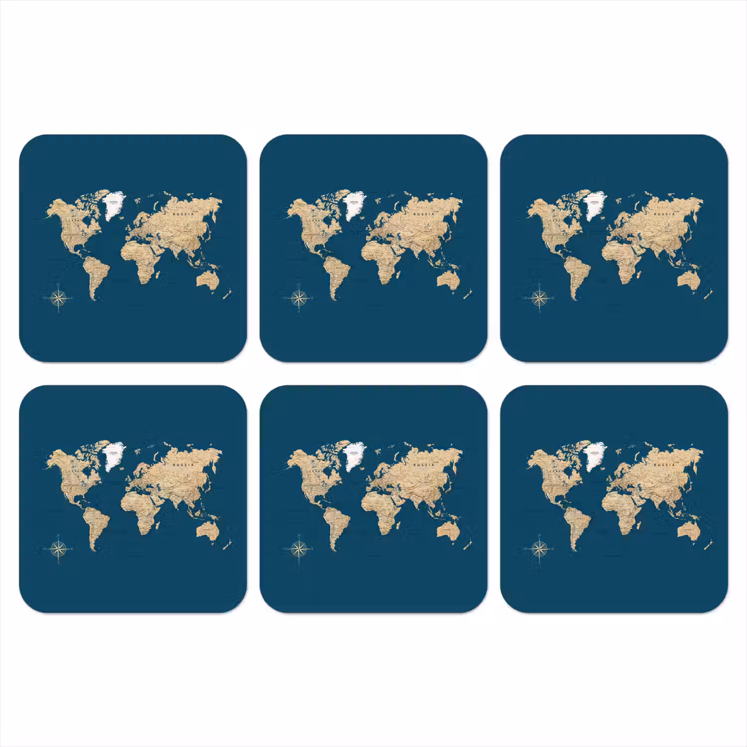Wereldkaart - Donkerblauw - Beige onderzetter kurk middel -3d