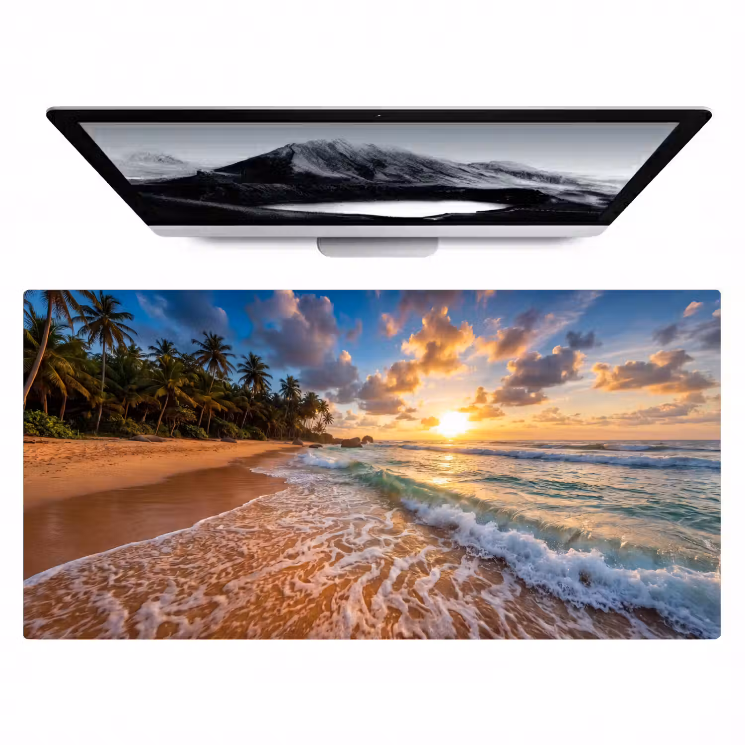 Strand - Zonsondergang - Golven - Natuur - Goud Muismat XXL klein -zzz3d