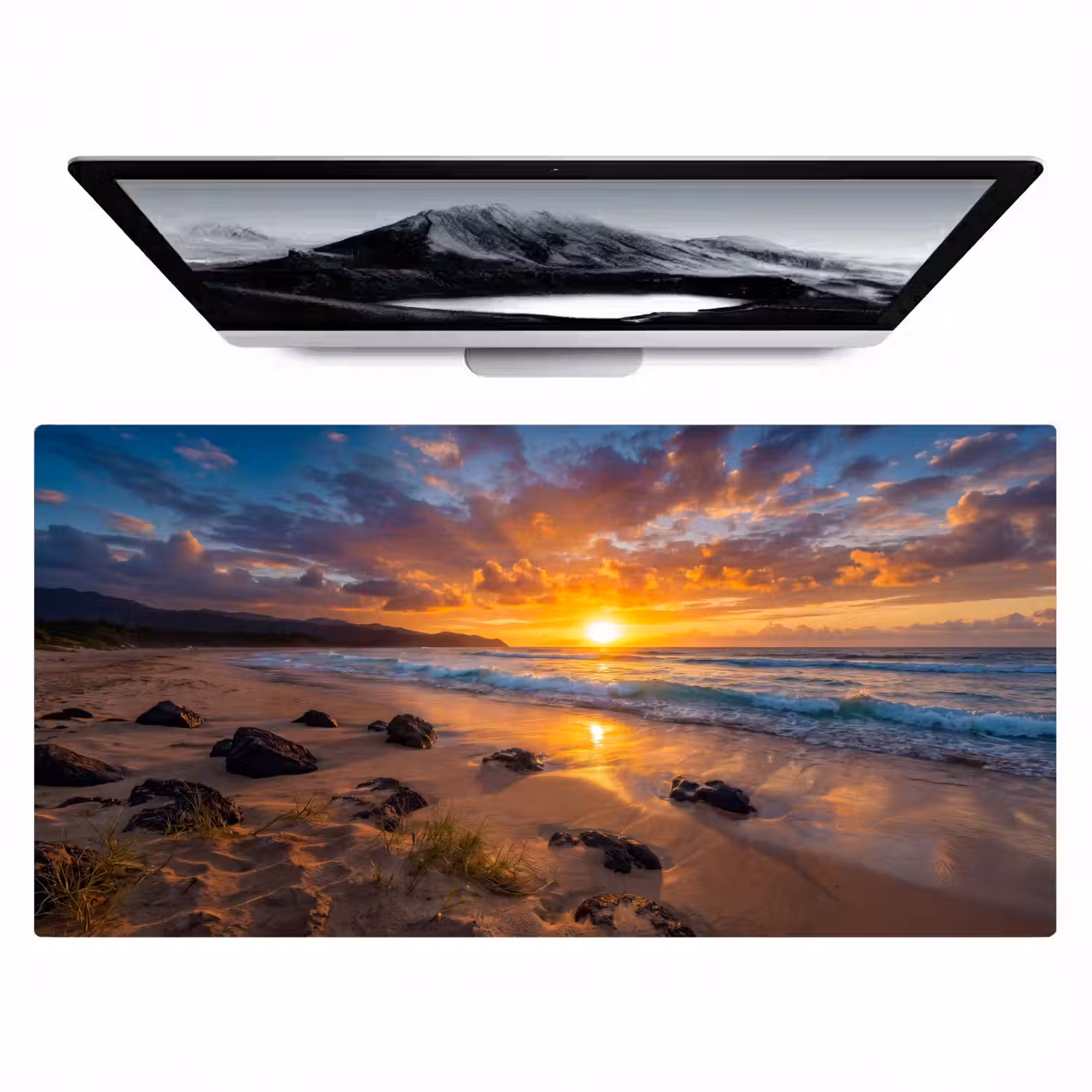 Strand - Zonsondergang - Golven - Natuur - Oranje Muismat XXL klein -zzz3d