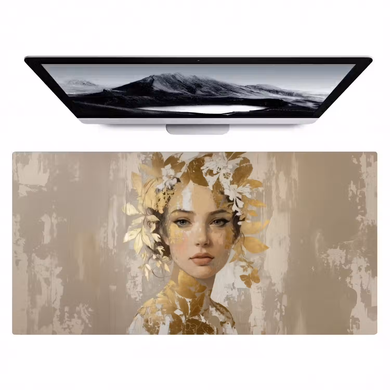 Gezicht - Vrouw - Bladeren - Goud Muismat XXL klein -zzz3d