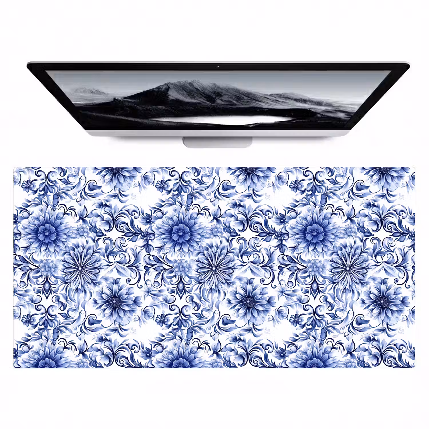 Bloemen - Blauw - Patroon - Wit Muismat XXL klein 681 -zzz3d