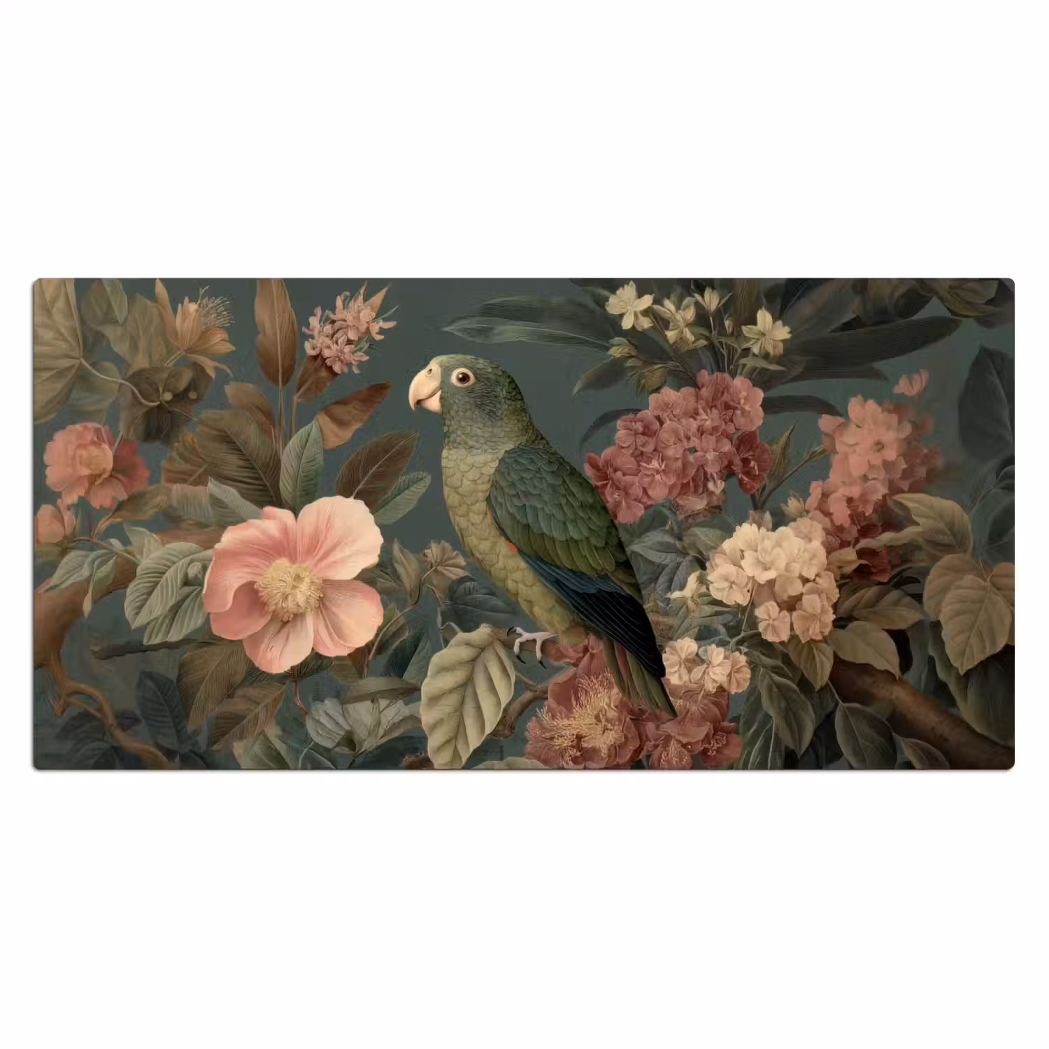 Groene papegaai - Kleurrijke bloemen - Donkere achtergrond Muismat XXL klein -3d_leeg