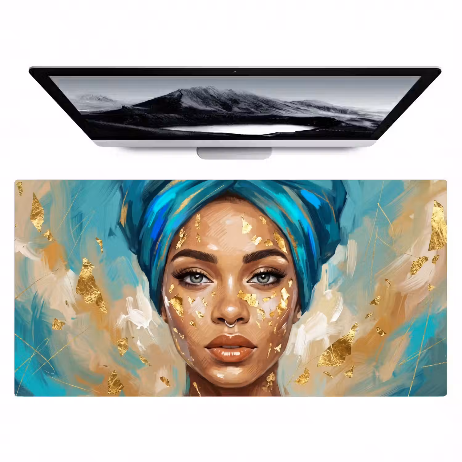 Portret - Vrouw - Schilderij - Blauw - Goud - Expressief Muismat XXL klein -zzz3d
