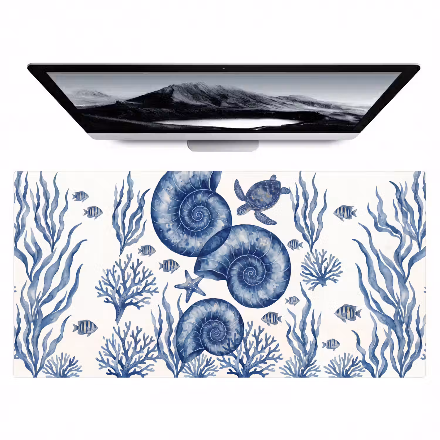 Schelp - Spiraal - Zeeleven - Aquarel - Blauw Muismat XXL klein -zzz3d
