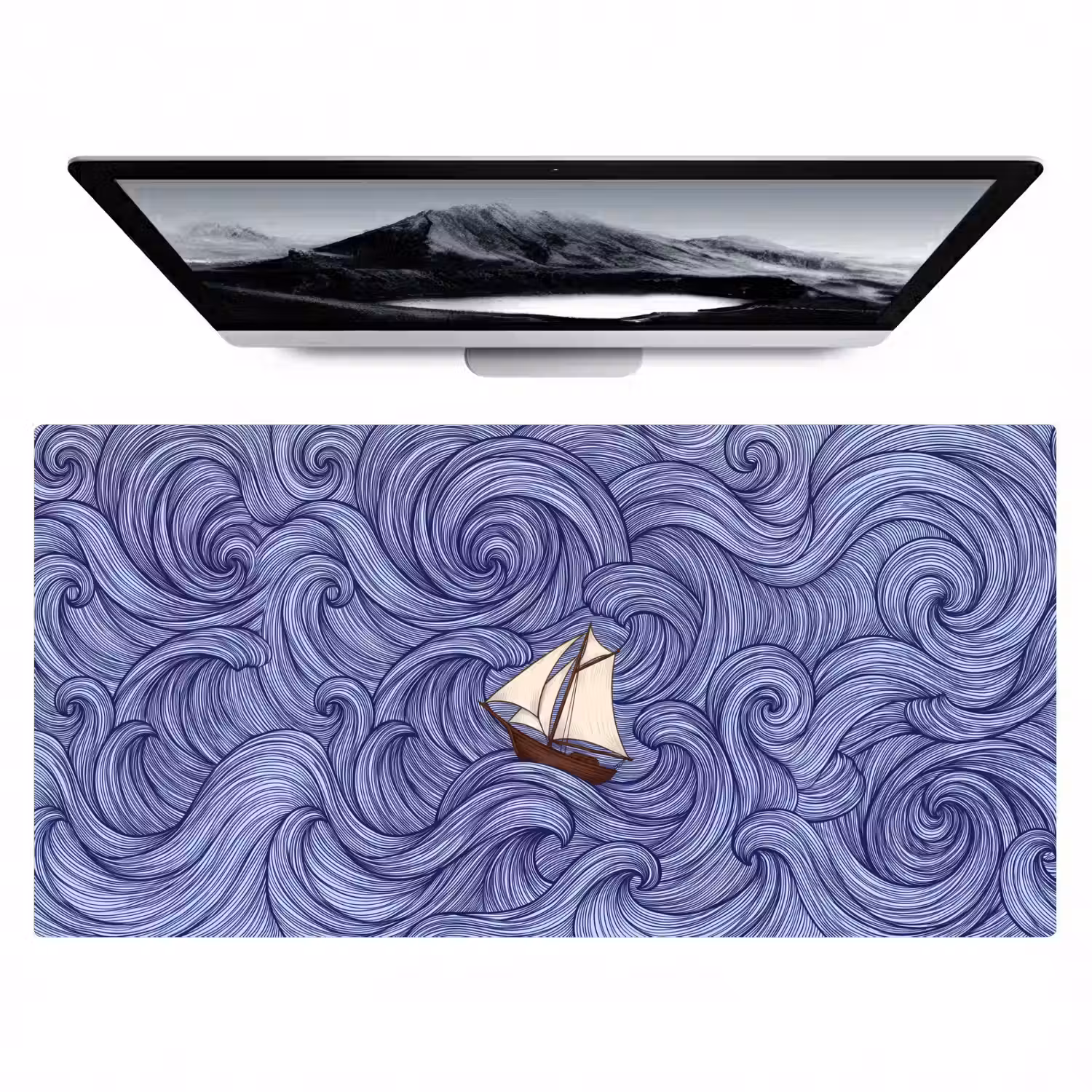 Schip - Golven - Zee - Illustratie - Blauw Muismat XXL klein -zzz3d