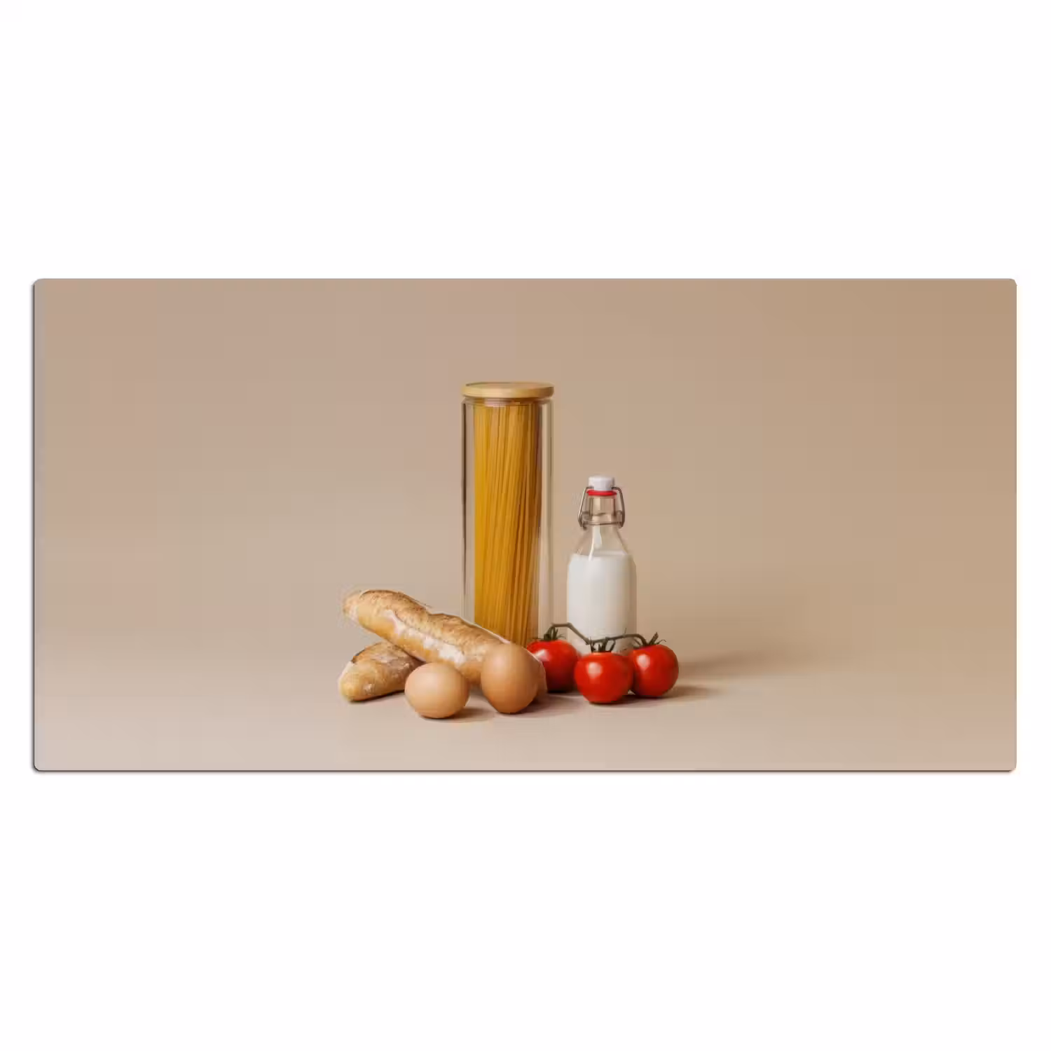 Spaghetti - Melk - Tomaten - Eieren - Brood Muismat XXL klein -3d_leeg