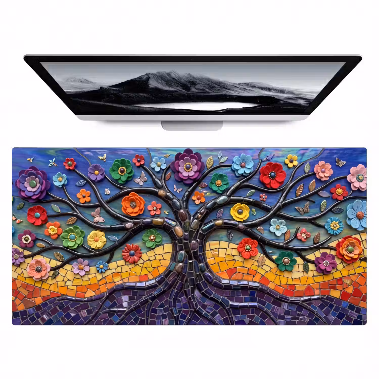 Levensboom - Mozaïek - Bloemen - Kleurrijk - Vrolijk Muismat XXL klein -zzz3d