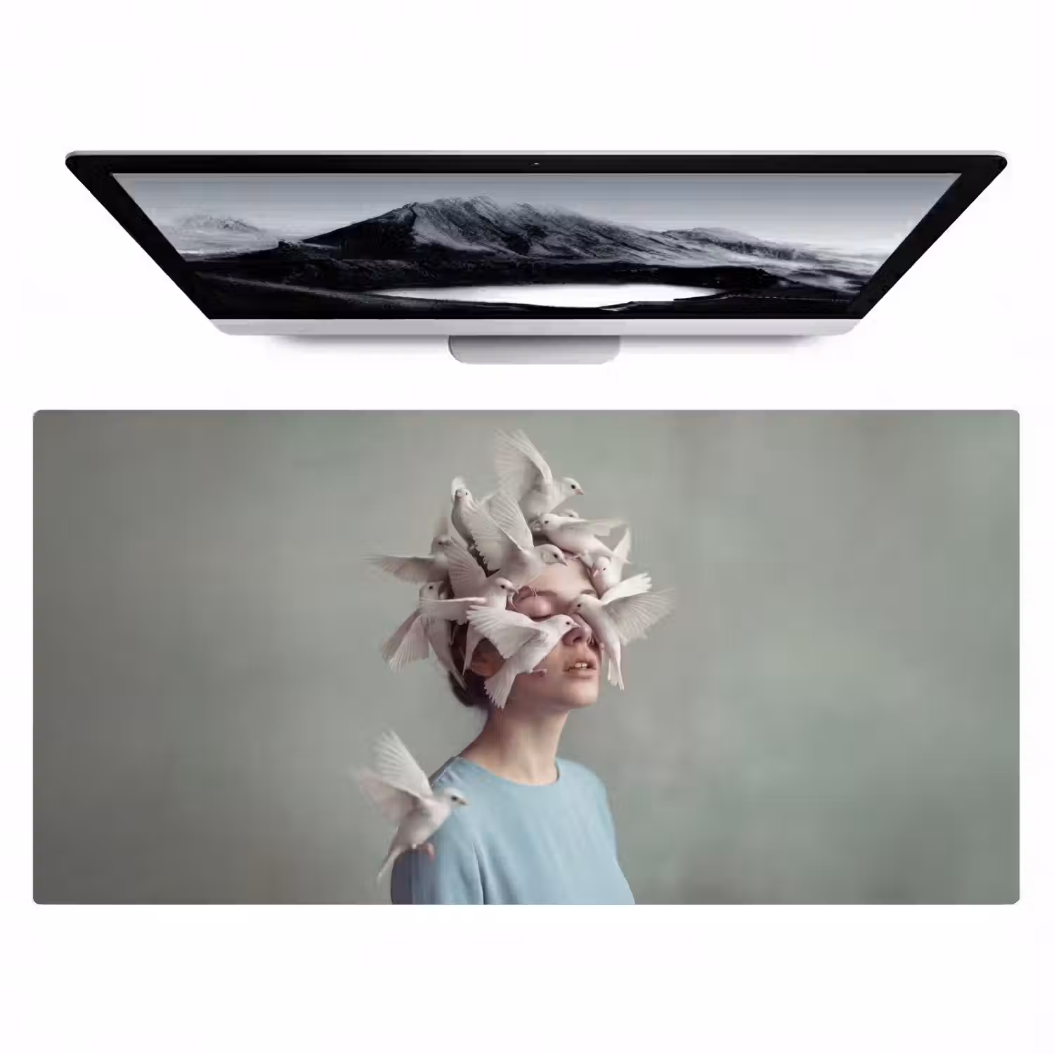 Vrouw - Vogels - Abstract - Modern - Wit Muismat XXL klein -zzz3d