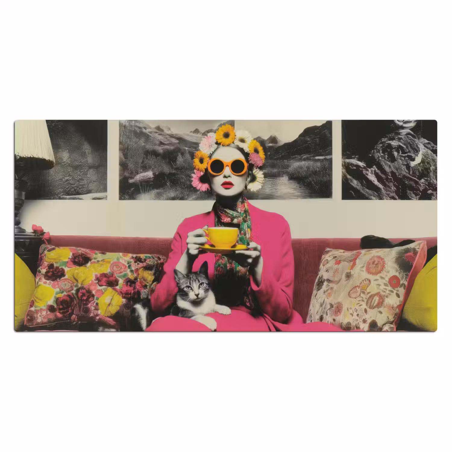 Vrouw - Kat - Bloemen - Kopje - Retro Muismat XXL klein -3d_leeg
