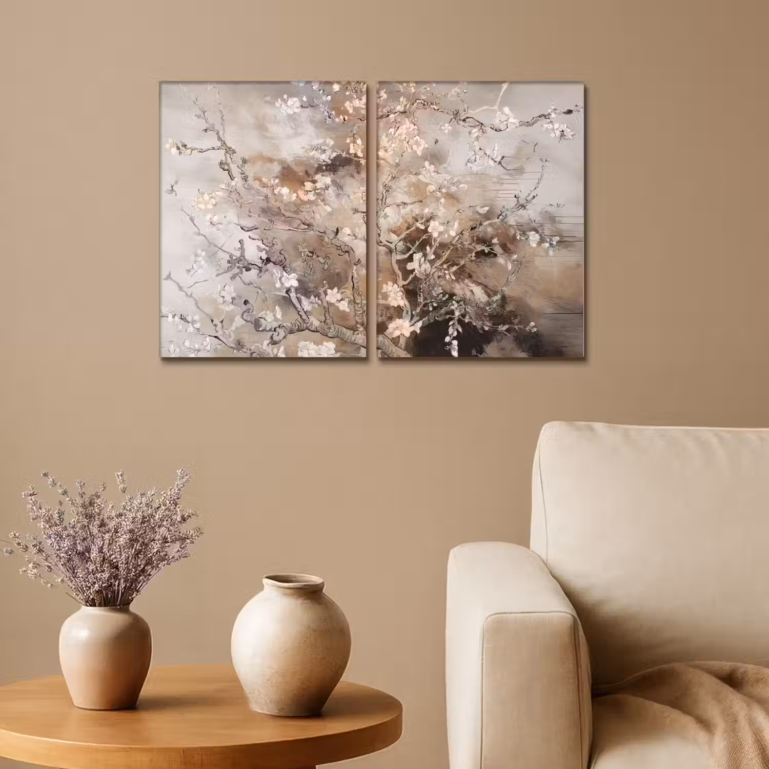 Amandelbloesem - Abstract - Beige Canvas - Meerluiken 2 luik klein -sfeer1