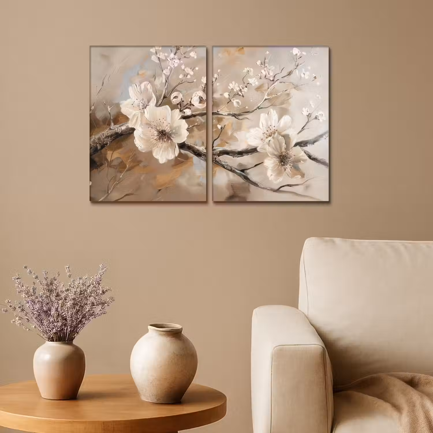 Bloesem - Beige - Abstract - Bloemen Canvas - Meerluiken 2 luik klein -sfeer1