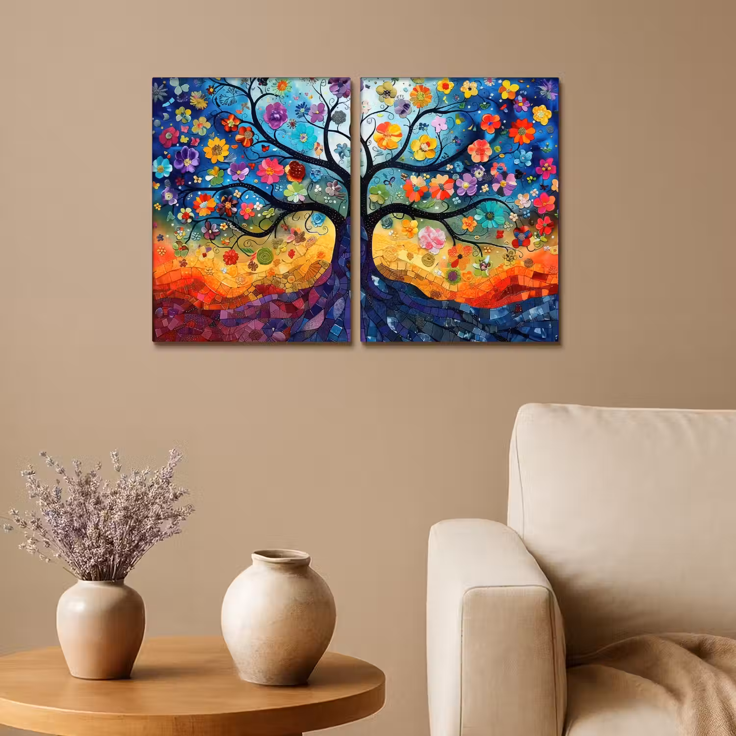 Kleurrijk - Levensboom - Bloemen - Abstract Canvas - Meerluiken 2 luik klein -sfeer1